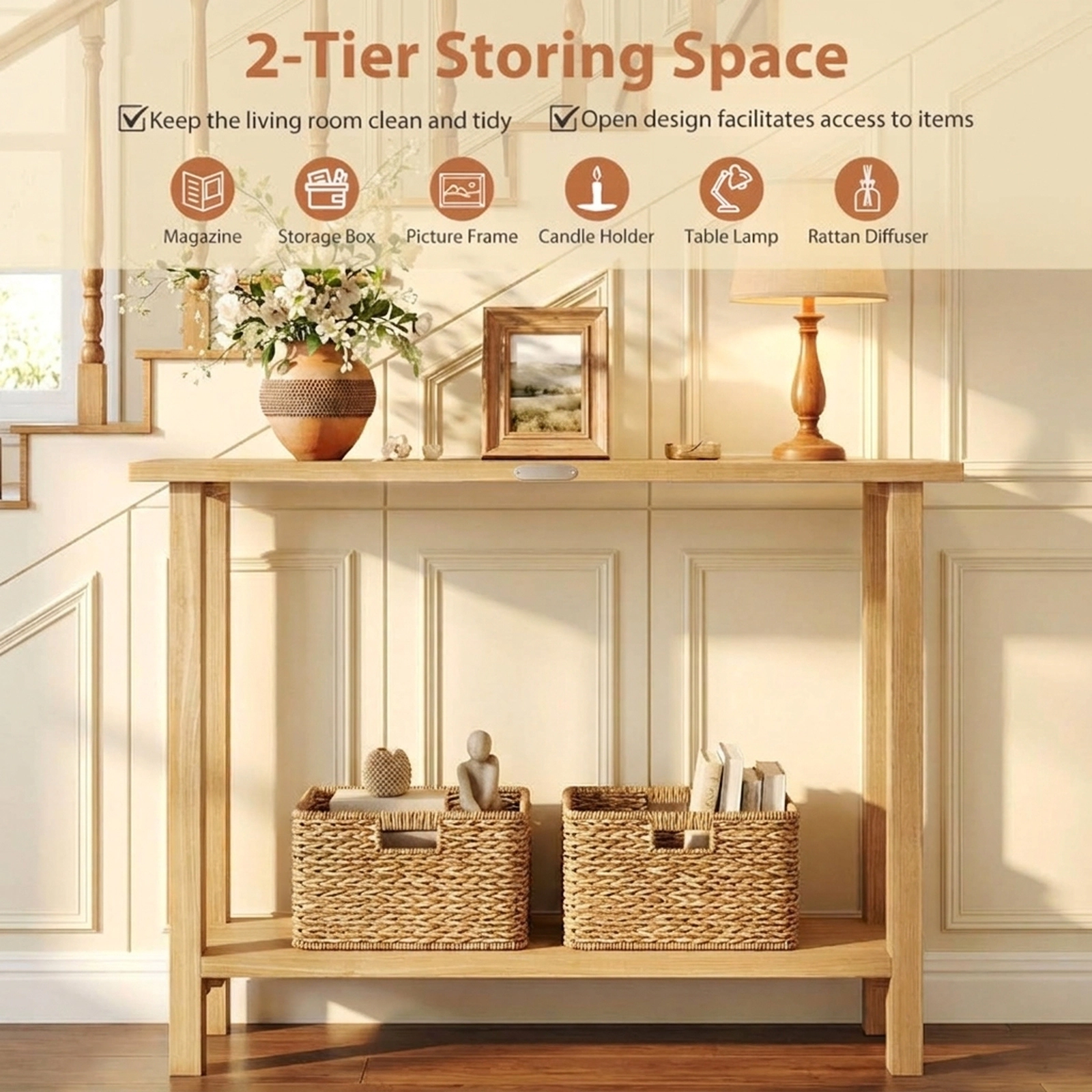 SUGIFT 47-in Teak Wood Console Table with 1-in Thick Top 44-lb Tabletop Capacity 2-Tier Storage Shelf Natural