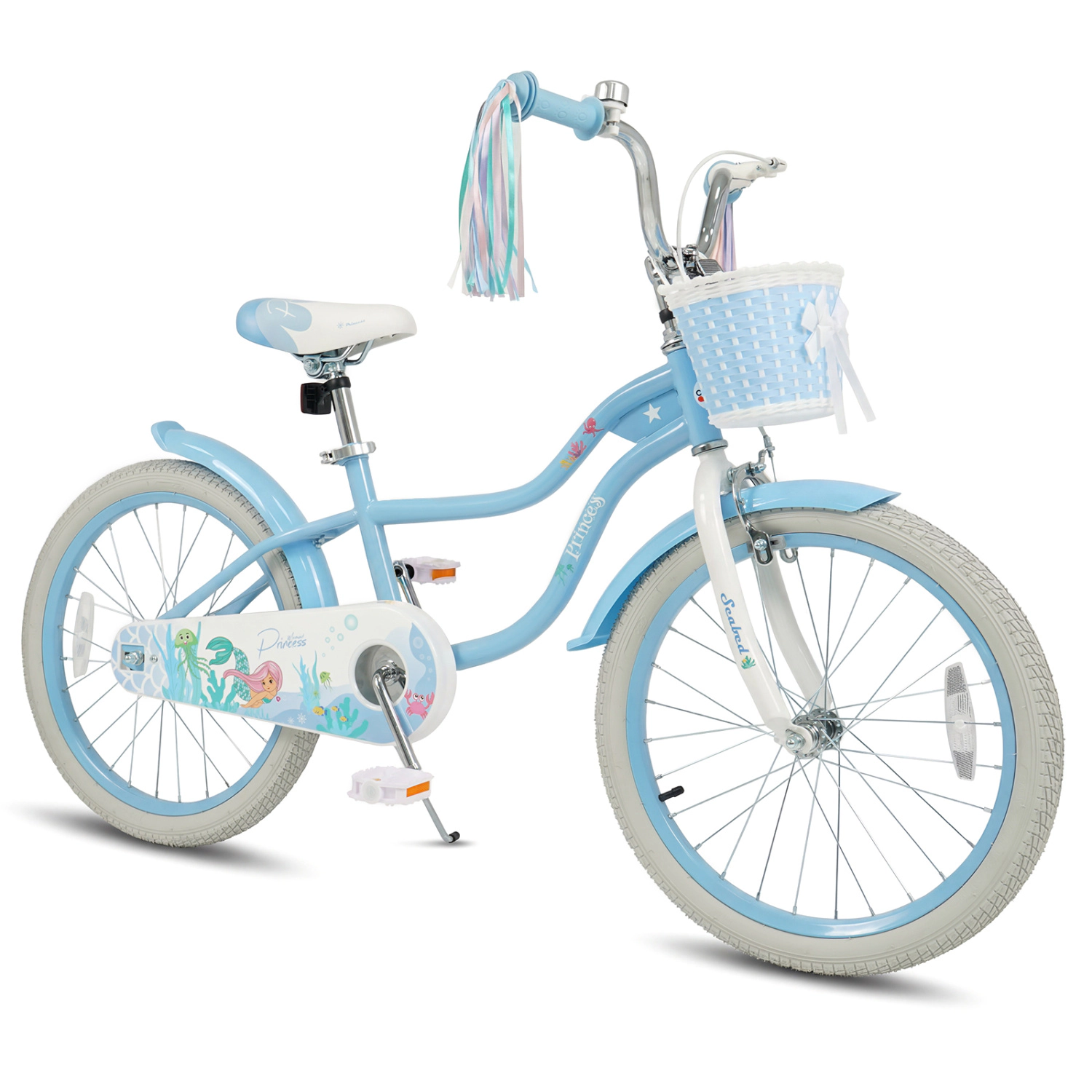 LJG 12 - Kids Bike Adjustable with Basket and Streamers Blue Princess of the Sea Theme