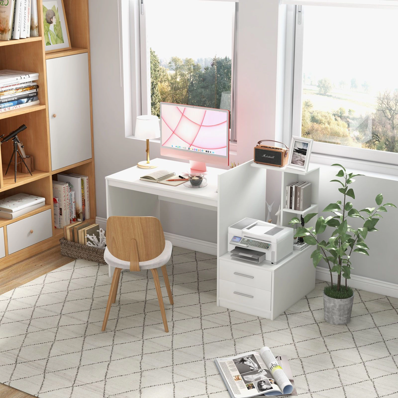 SlickBlue 51" Home Office Desk with Drawers and Corner Bookshelf