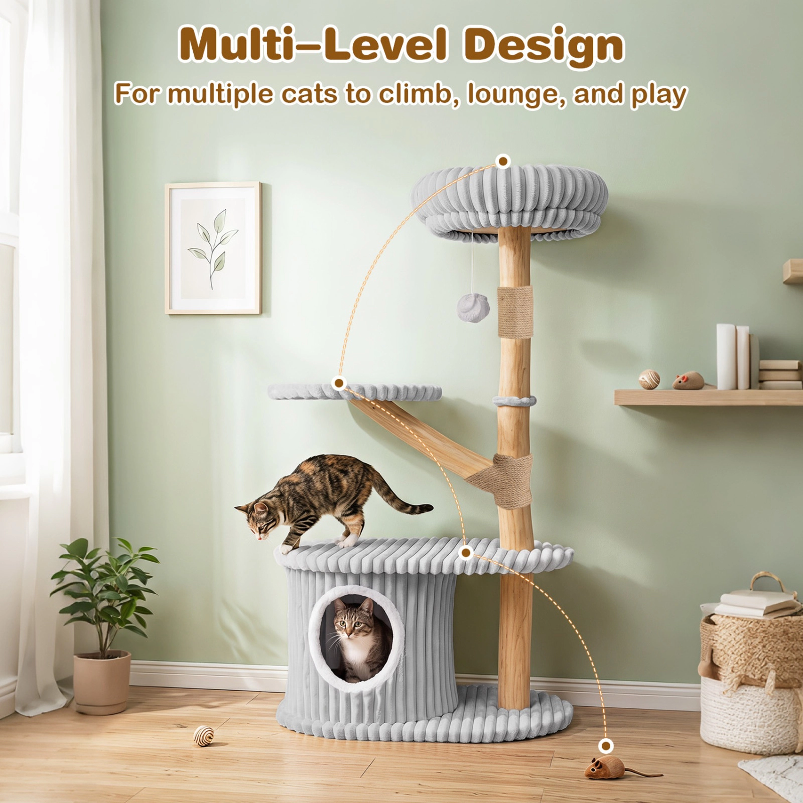SUGIFT 41-in Tall Multi-level Modern Cat Tower with Real Pear Wood Branches Scratching Posts 22-lb Capacity Gray