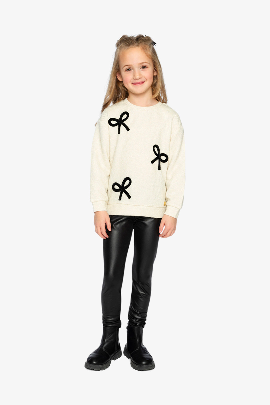 Deux par Girls Long Sleeve Knit Crewneck Sweatshirt with Oversized Velvet Bows