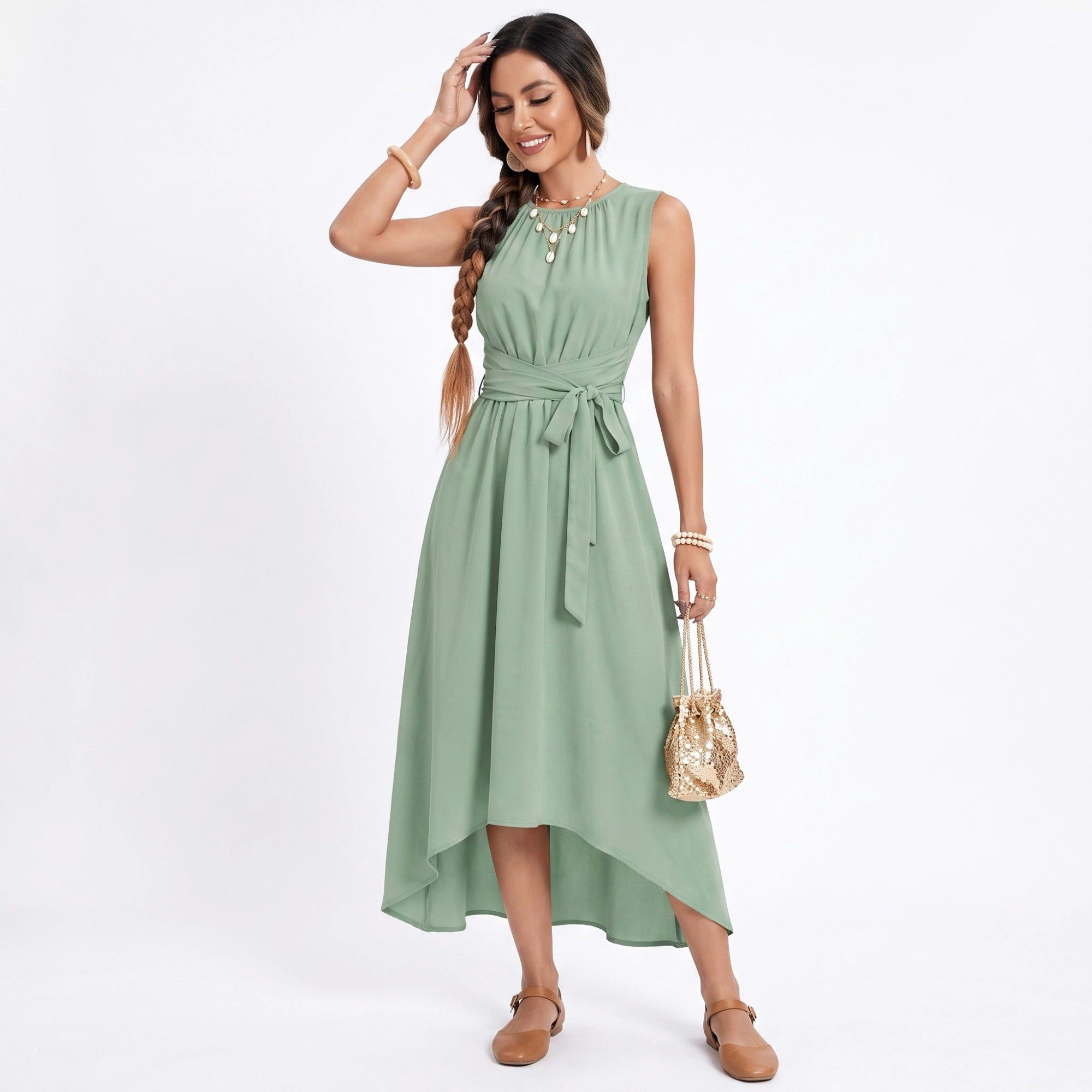 Anna-Kaci Women's High Low Sleeveless Tie Waist A-Line Midi Dress