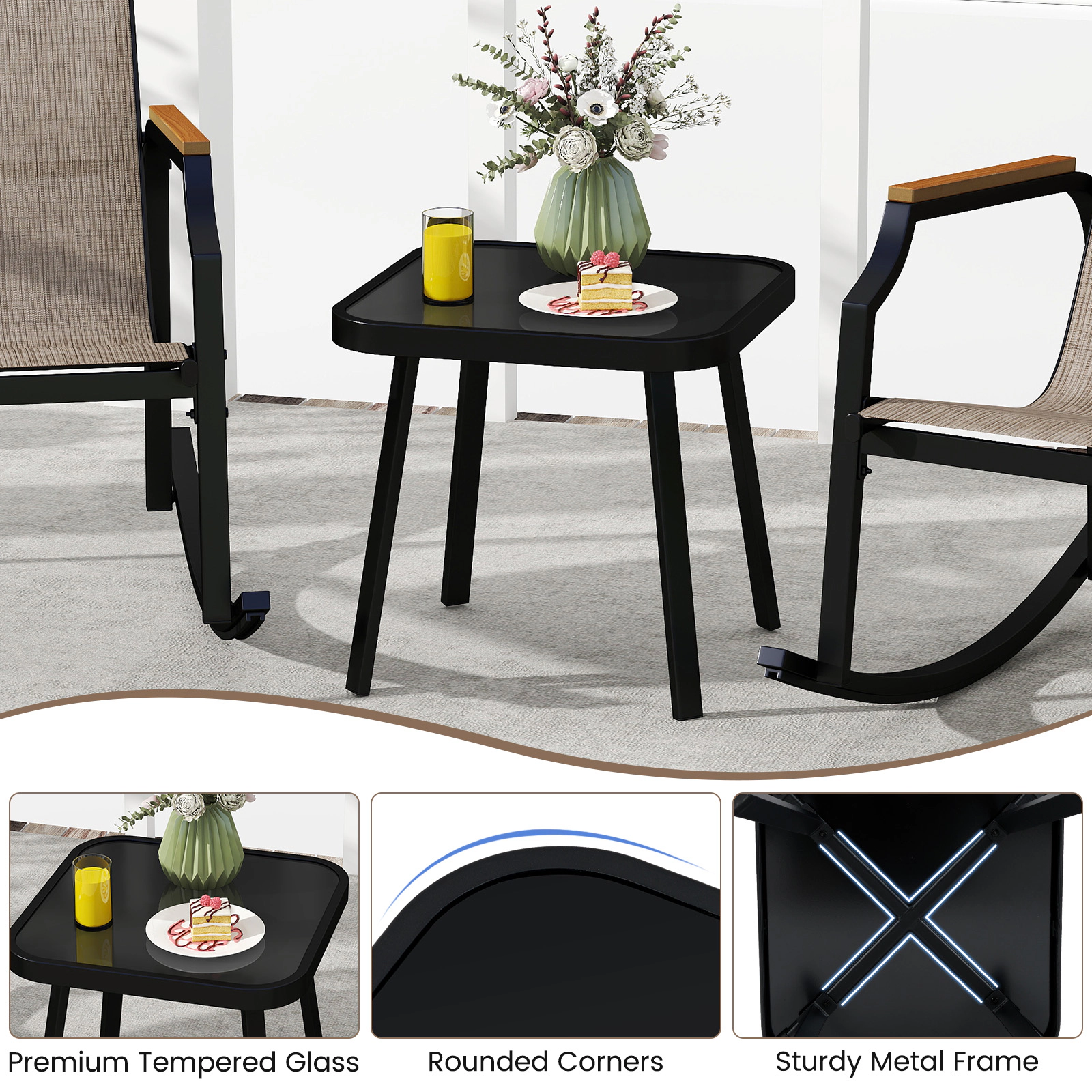 Hivvago 3 Piece Patio Rocking Bistro Set with Tempered Glass Coffee Table and Armrests for Porch