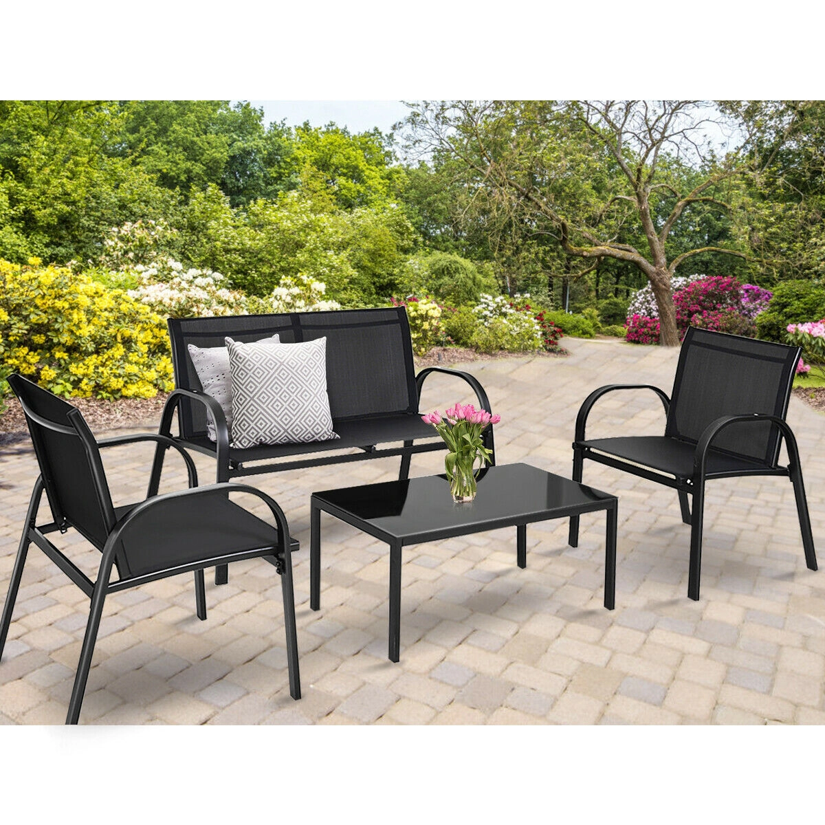 LJG 4 Pieces Patio Furniture Set with Glass Top Coffee Table