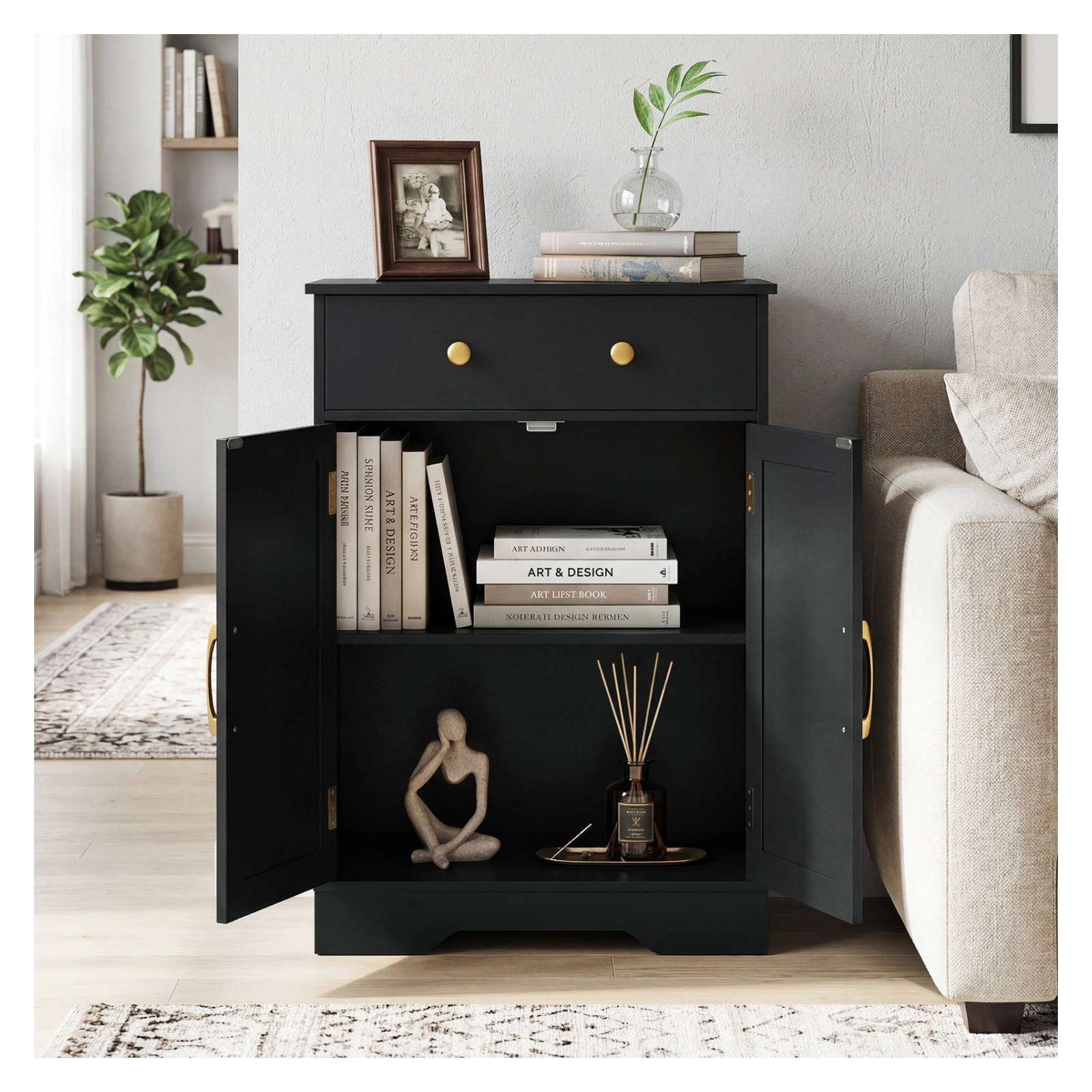 Glintex Modern Sideboard Cabinet with Golden Handles Drawer and 2-Door Storage