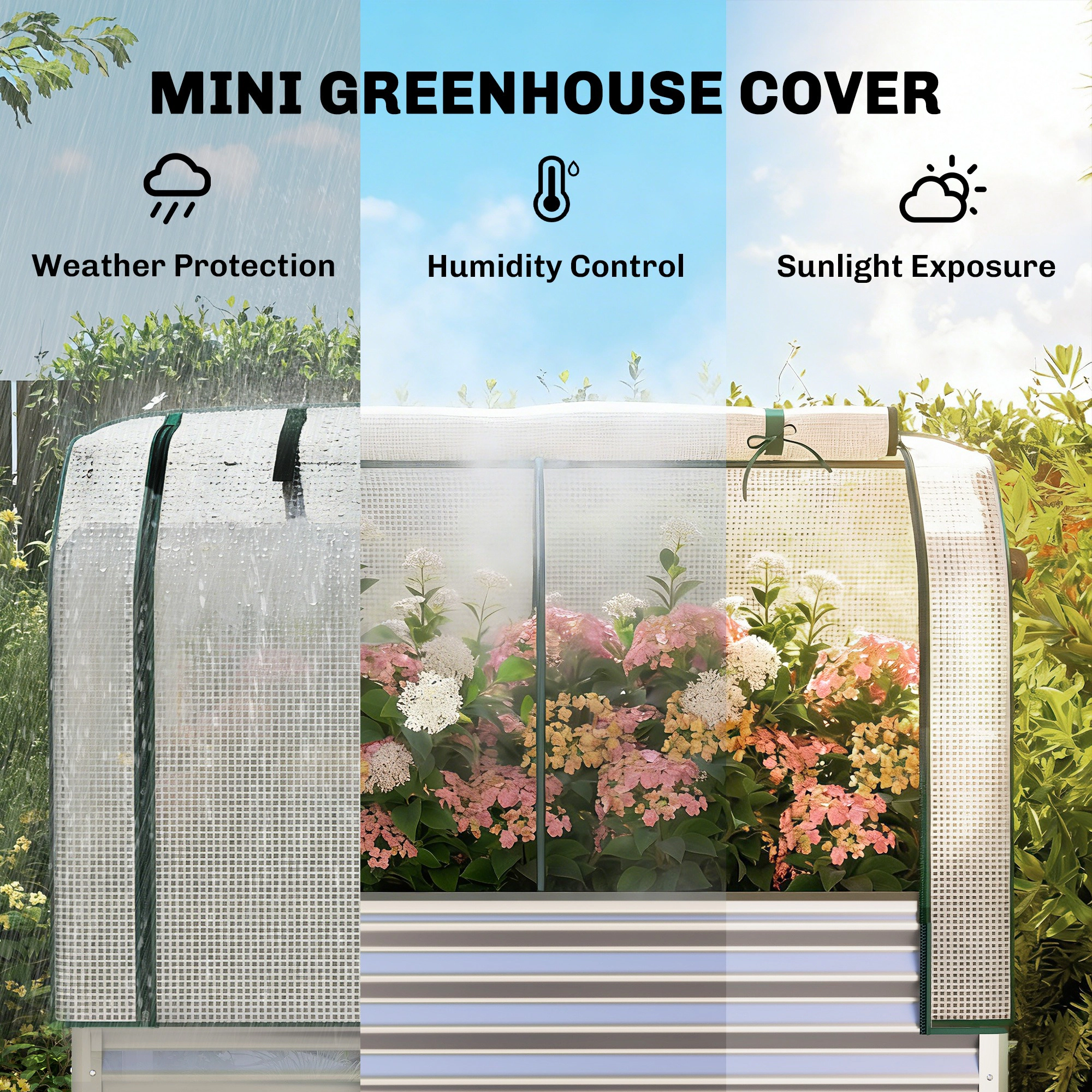 HONGGE Galvanised Raised Garden Bed with Greenhouse Cover, Metal Elevated Garden Bed with Bed Liner, Bottom Shelf