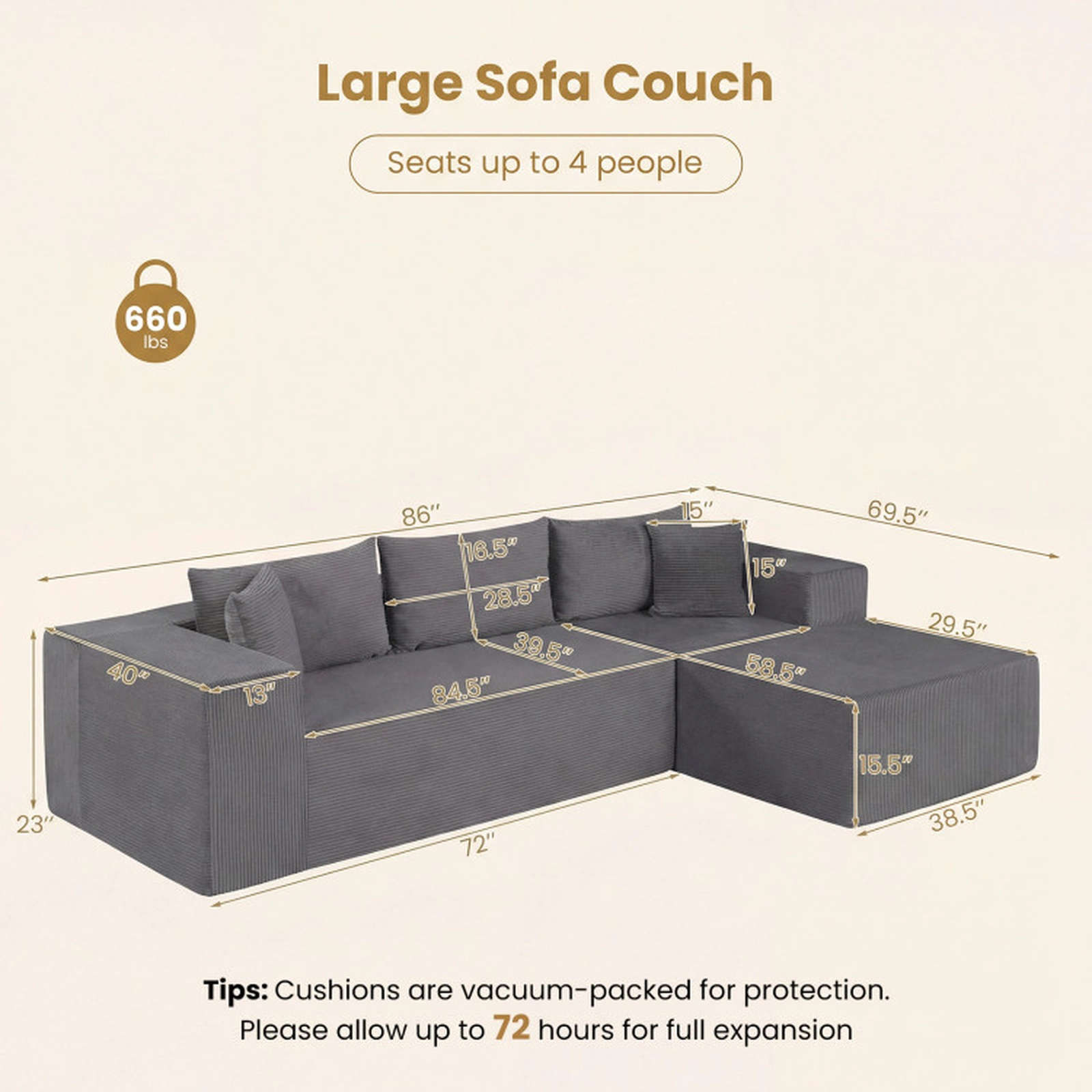 SUGIFT Gray 86-Inch L-Shaped Corduroy Modular Sectional Sofa with Washable Covers