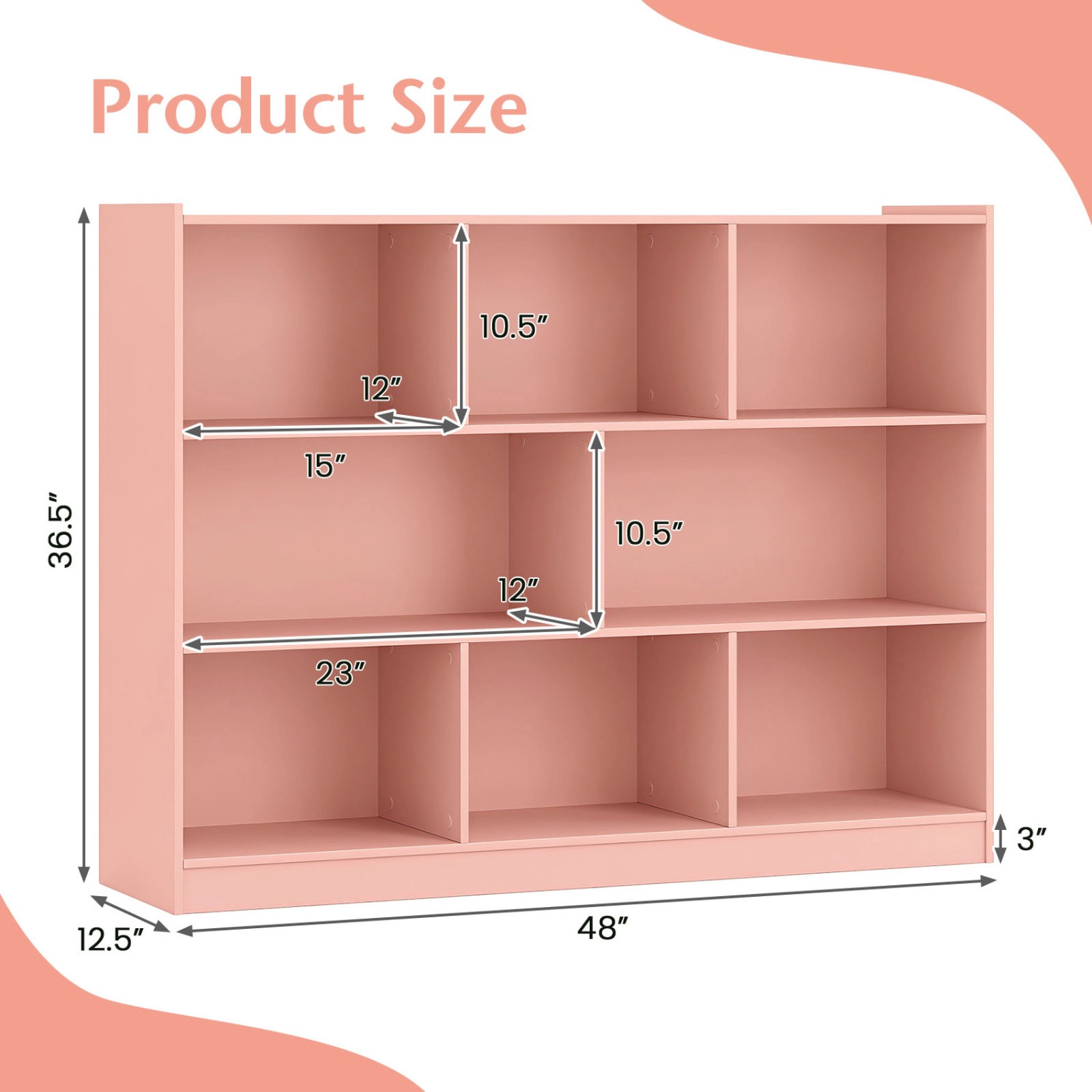 SUGIFT 8-Compartment Pink 48-in Wide 3-Tier Low Bookshelf with Open Toy and Book Storage Organizer