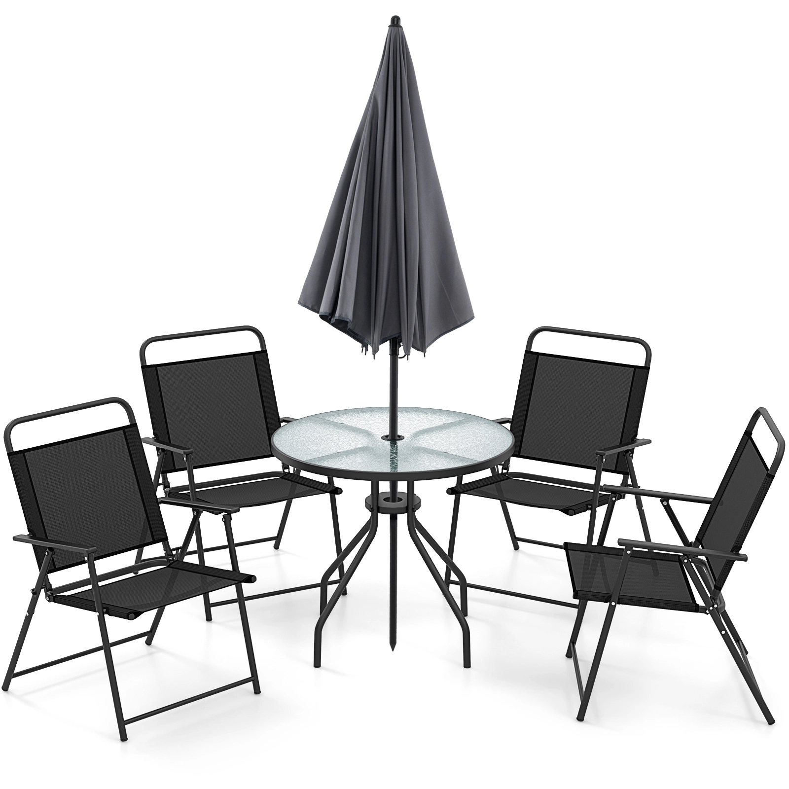SUGIFT Gray Folding Chairs Tempered Glass Table and Tilt Umbrella 6-Piece Patio Dining Set