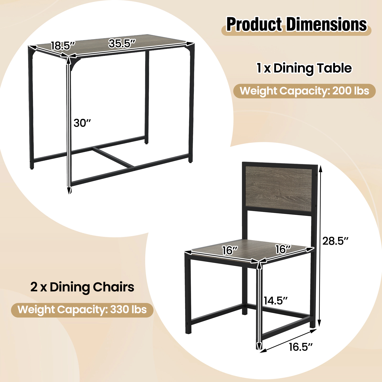 SUGIFT 3-Piece Compact Dining Set, Rustic Brown Table with 2 Armless Chairs