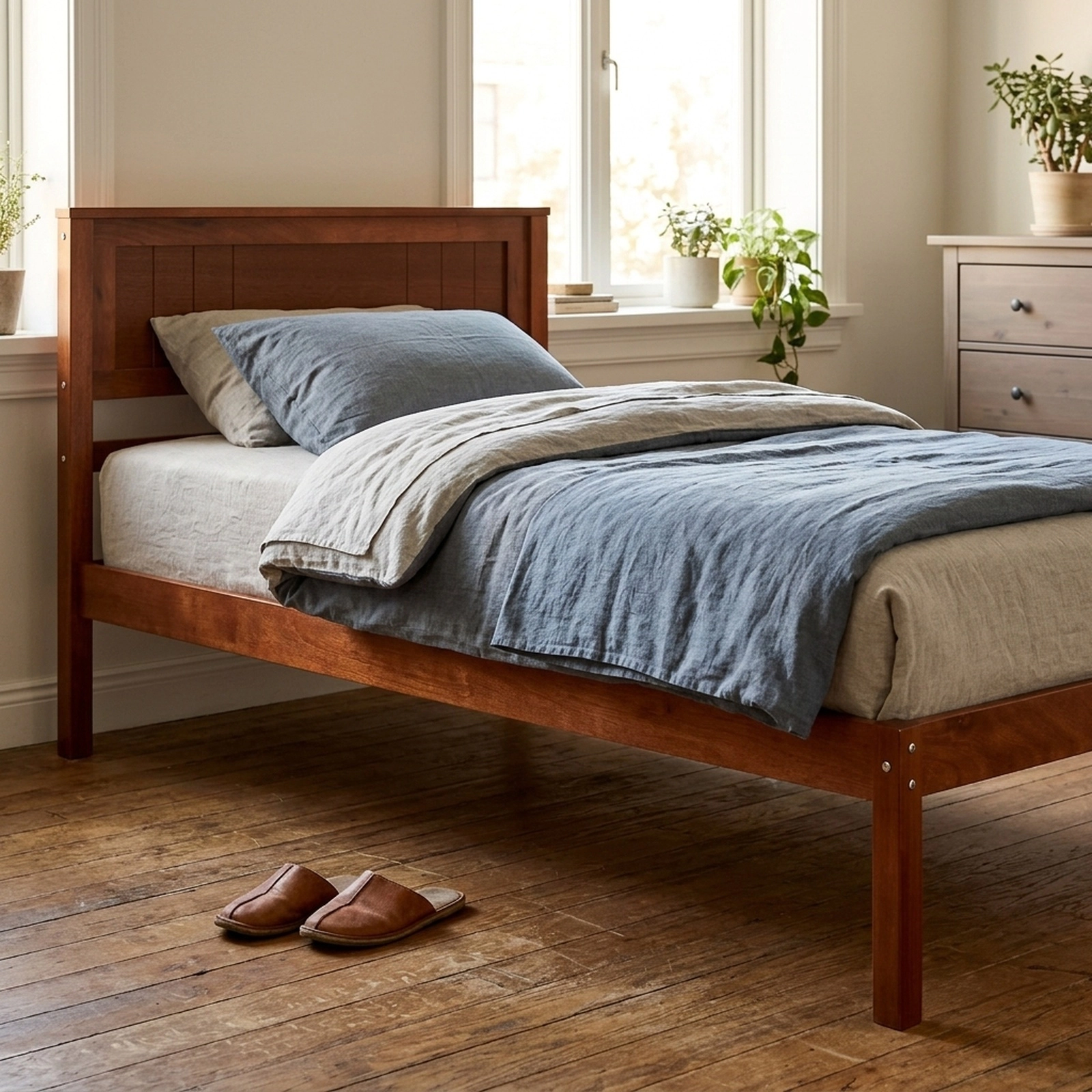 Twin Bed Frame Walnut Wood Platform Bed with Headboard and Footboard 440-lb Capacity Strapped Slats