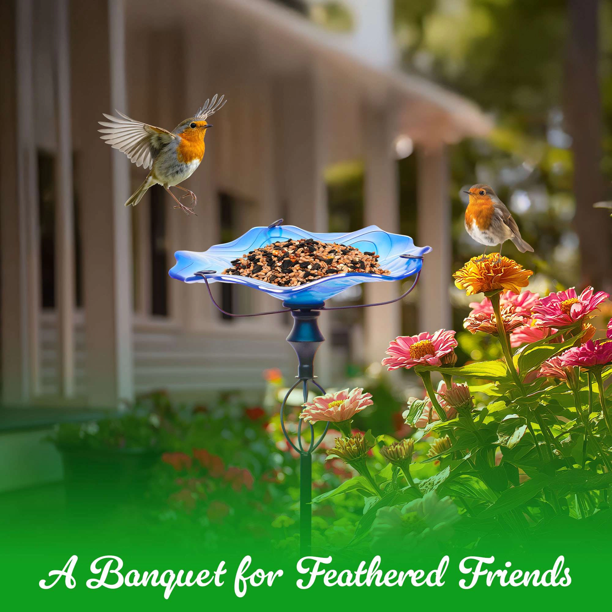 G128 32-Inch Blue Glass Bird Bath with Four-Pronged Metal Stake, Decorative Outdoor Feeder
