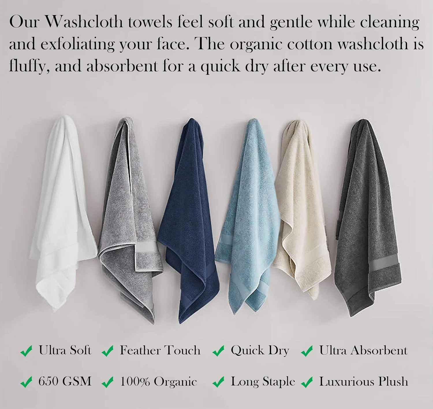 Delara Organic Cotton Luxuriously Plush Washcloths Pack of 6 GOTS and OEKO-TEX Certified Premium Hotel Quality Towels