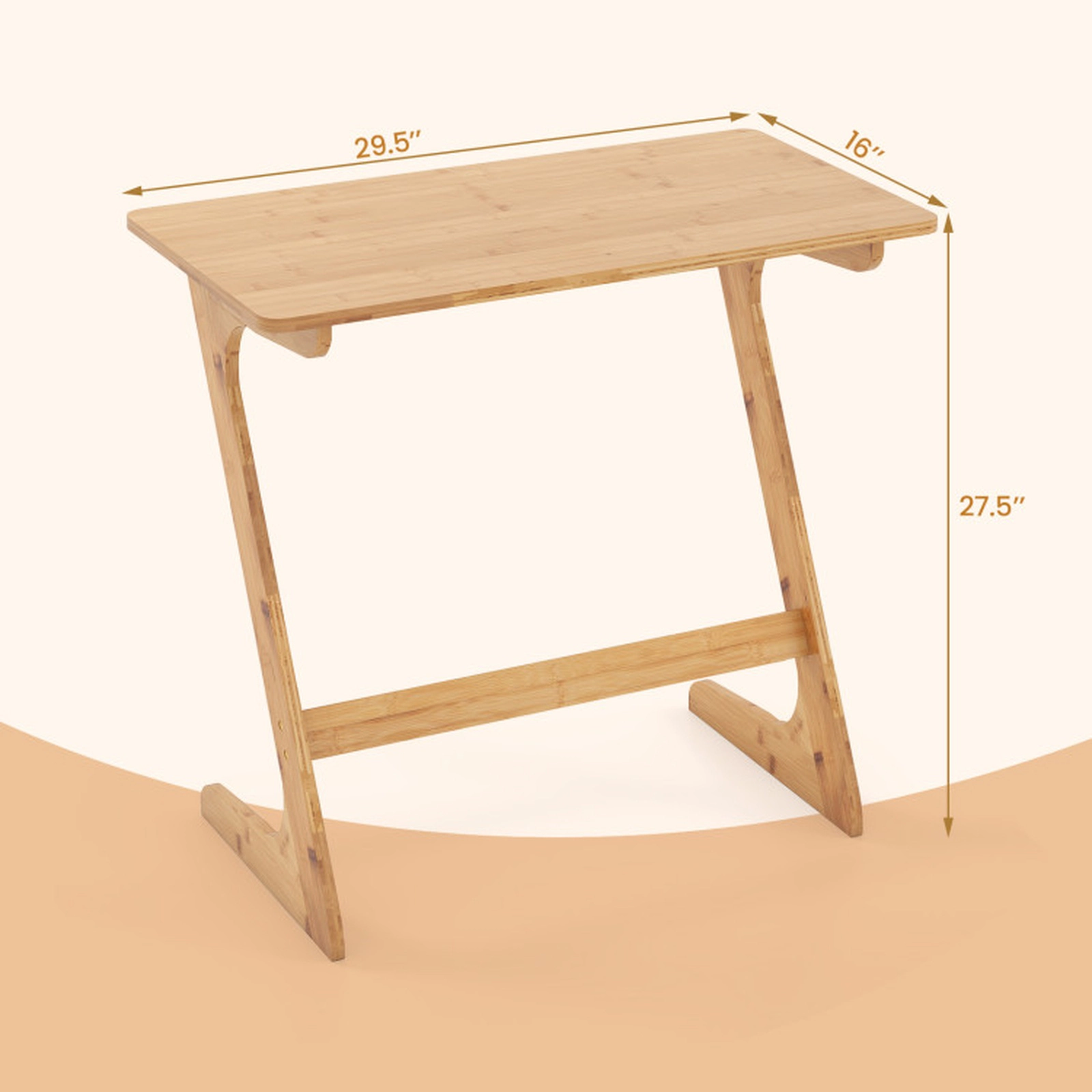 SUGIFT 30 in Bamboo Z-Shaped TV Tray Sofa Side Table with Metal Frame
