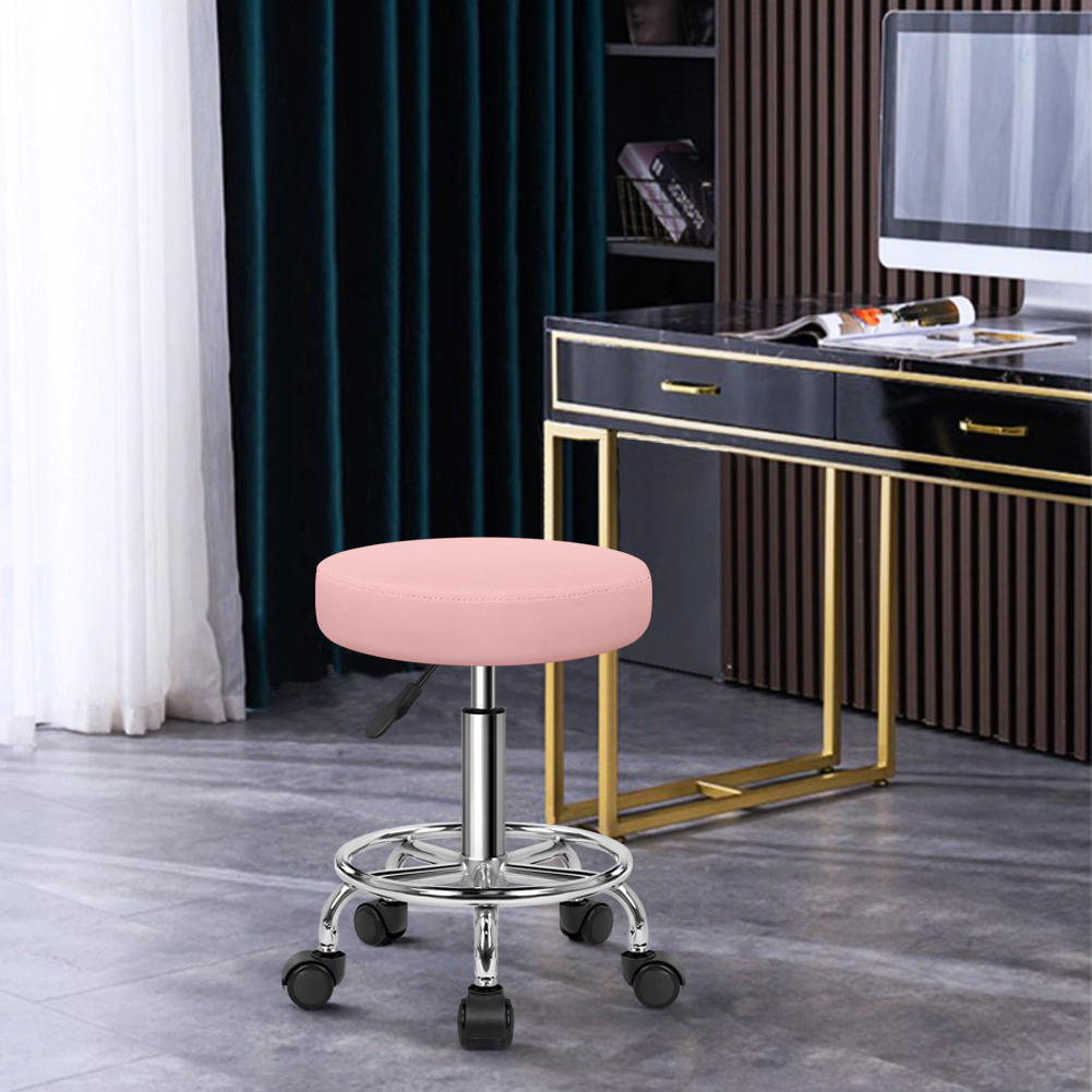 KKTONER PU Leather Round Rolling Stool with Foot Rest Swivel Height Adjustment Spa Office Massage Stools Small (Pink)