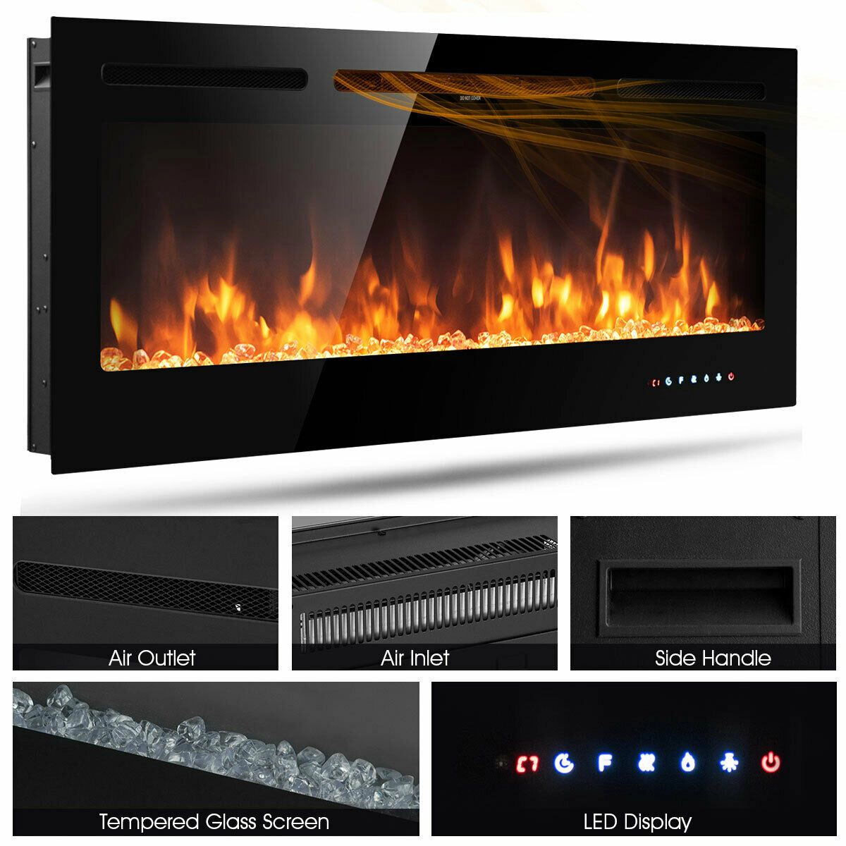 SlickBlue Black Wall Mounted Electric Fireplace Heater, 1500W, 9 Flame Colors, LED Screen, Remote