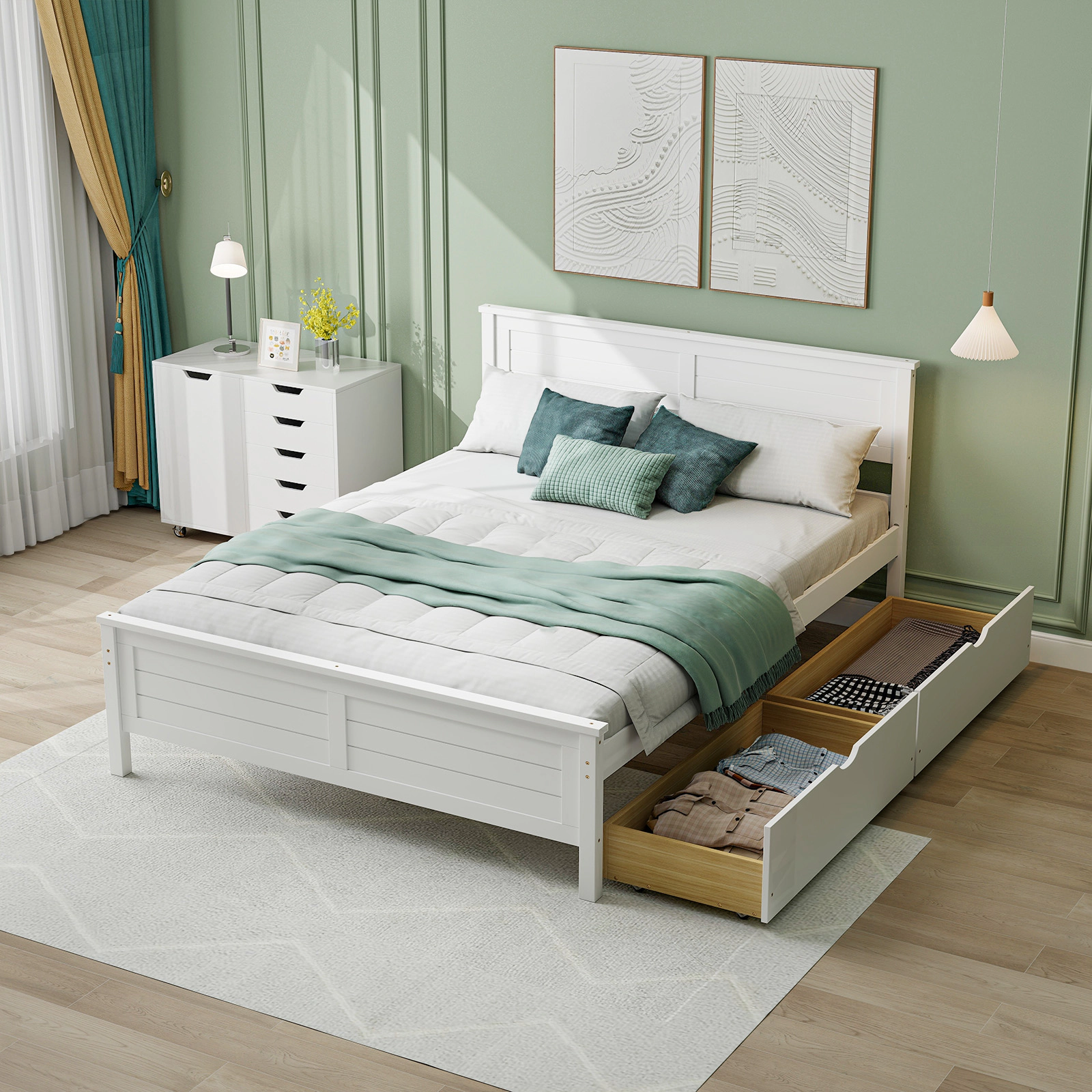 Full Size Bed Frame White Wood Platform Bed with Solid Wood Headboard Footboard 2 Under Bed Drawers