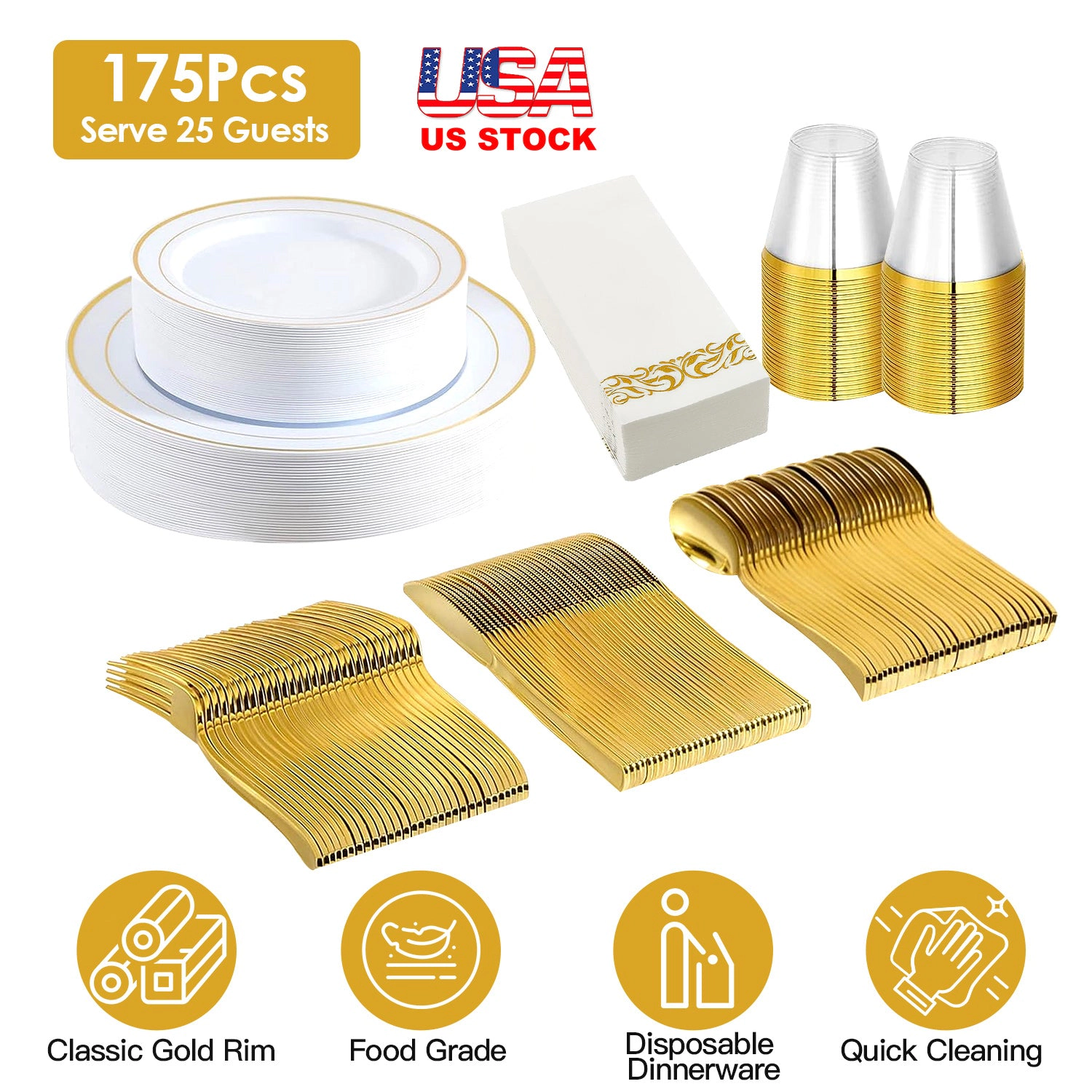 GBruno 175-Piece Gold Rim Disposable Dinnerware Set