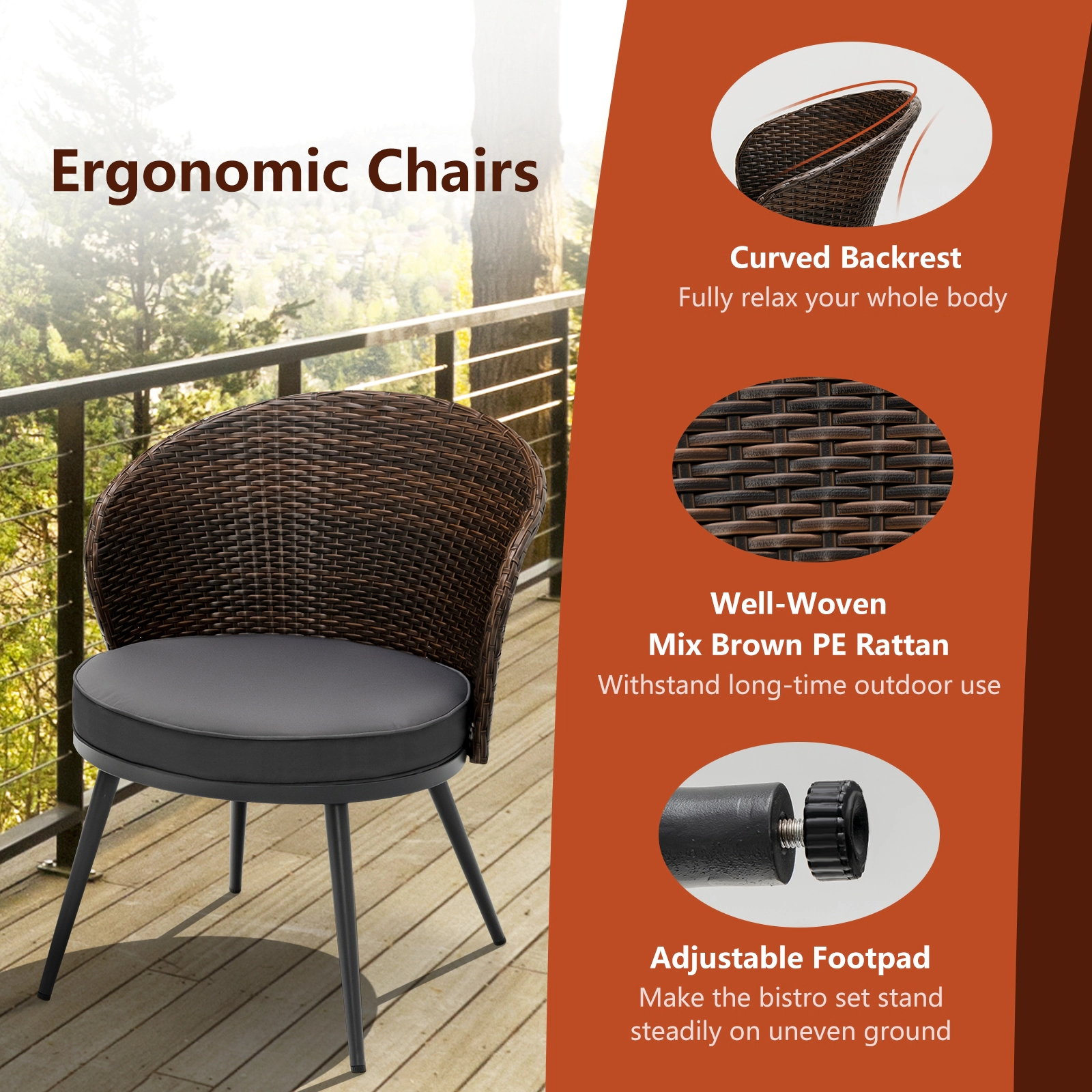 SUGIFT Patio Rattan Bistro Conversation Set with Cushions and Tempered Glass Tabletop 330-Lb Chairs Mix Brown and Gray