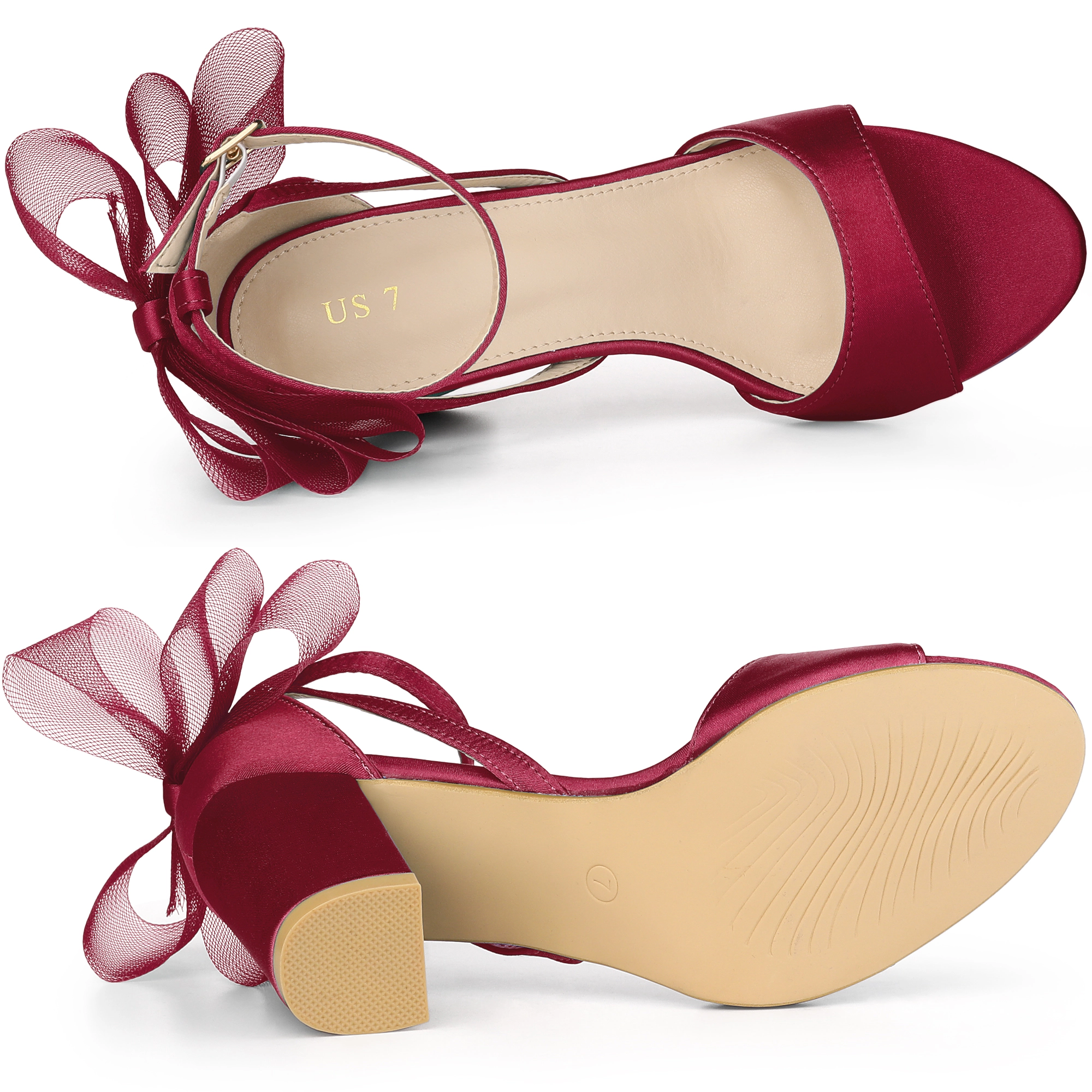 BLISSFUL STEP Women's Satin Chunky Heel Open Toe Bridal Bow Sandals