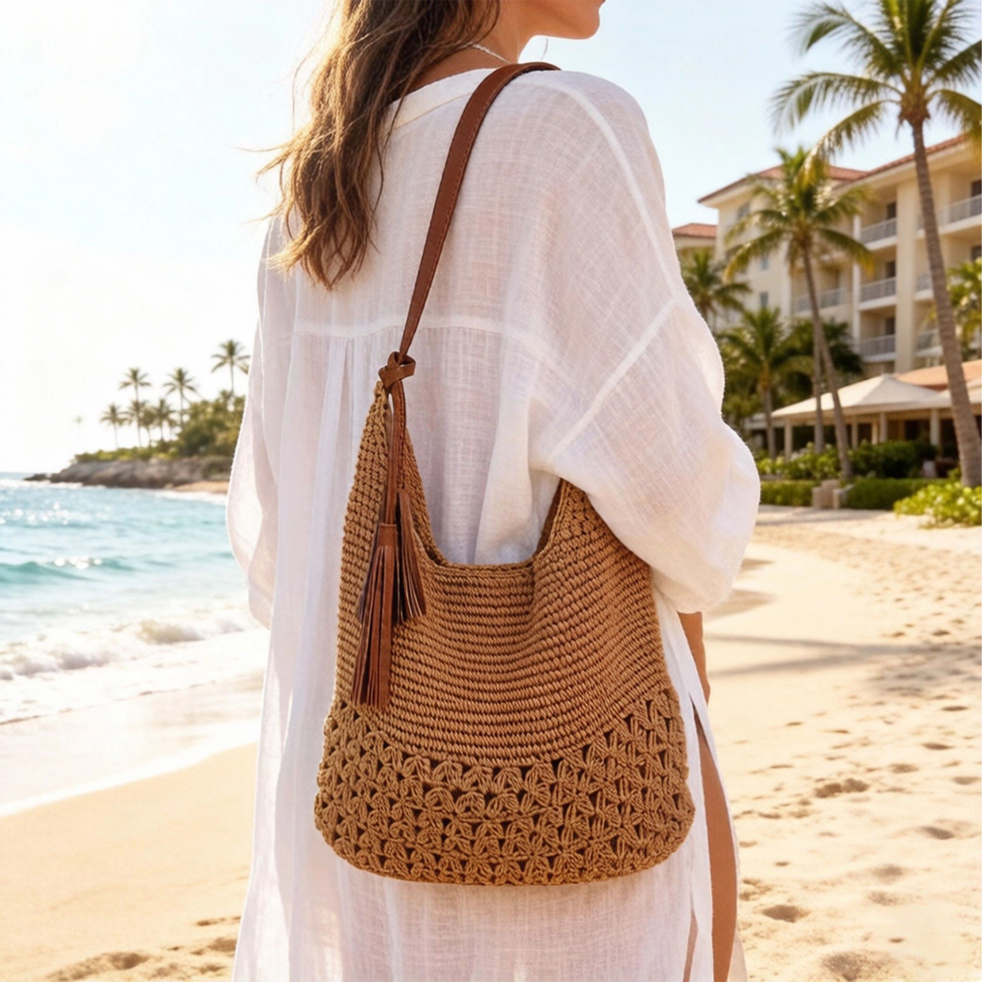 Alilang Women's Crochet Hobo Shoulder Bag with Tassel Detail Adjustable Strap Slouchy Knit Handbag Casual Tote