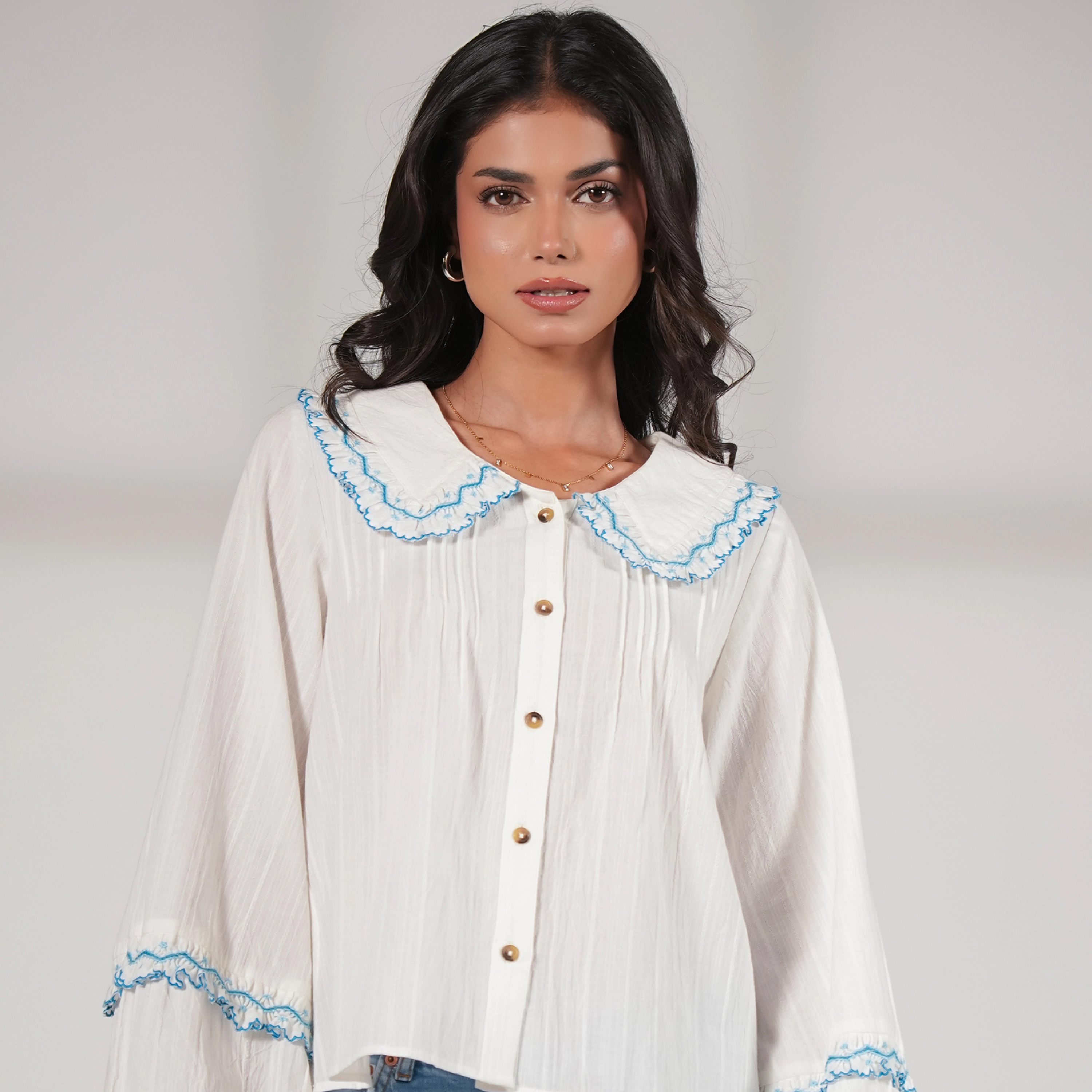 Rose & Nancy Women's Angie Ivory Embroidered Collar Shirt