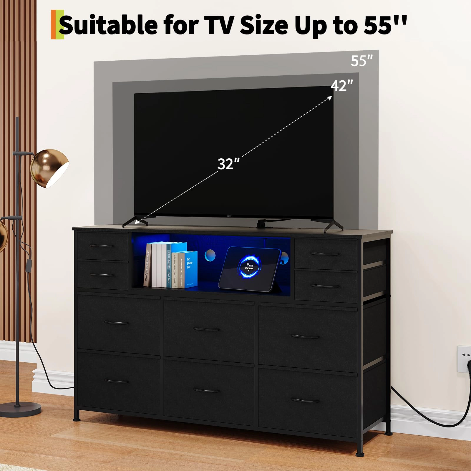 10 Drawer Fabric Dresser, TV Stand with RGB LED Lights & Power Outlet for 45"-55"
