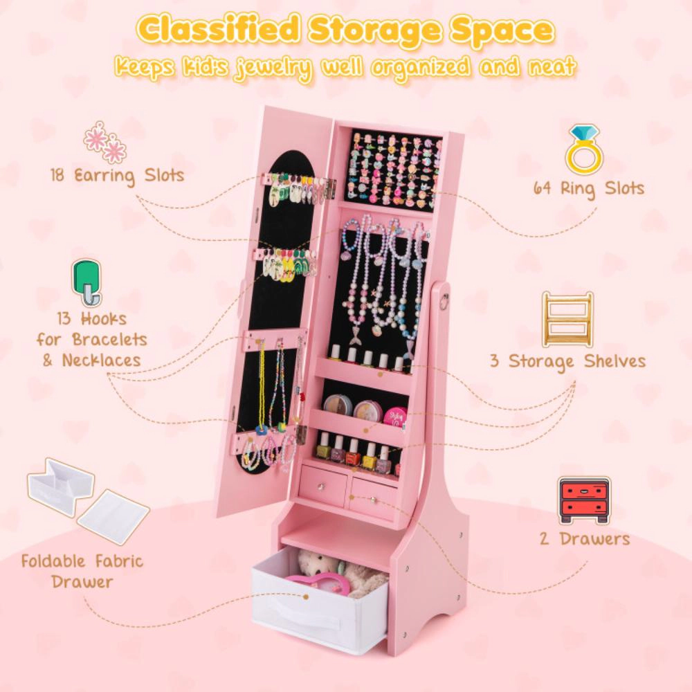 Hivvago Freestanding Kids Jewelry Armoire Cabinet With Storage And 2 Tilt Angles-Pink