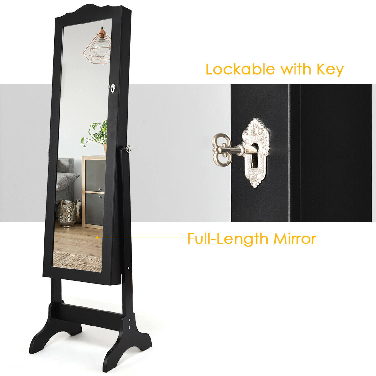 SUGIFT Full-Length Mirrored Lockable Jewelry Cabinet Armoire Organizer 43.5-in Glass Mirror & 18.5-in Wide MDF Frame