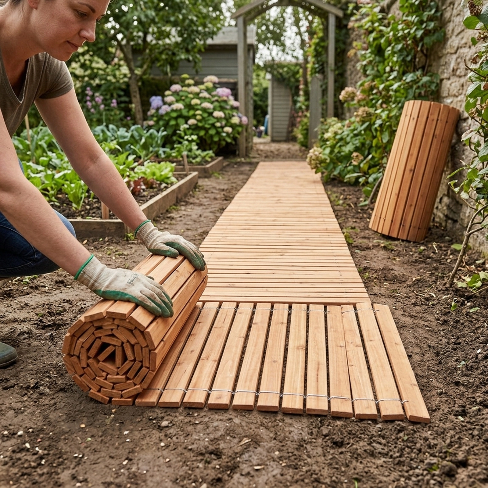 SUGIFT Natural Cedar Wood Roll Out Garden Pathway with Anti-Slip Texture 12-ft W 22-in D 0.6-in H