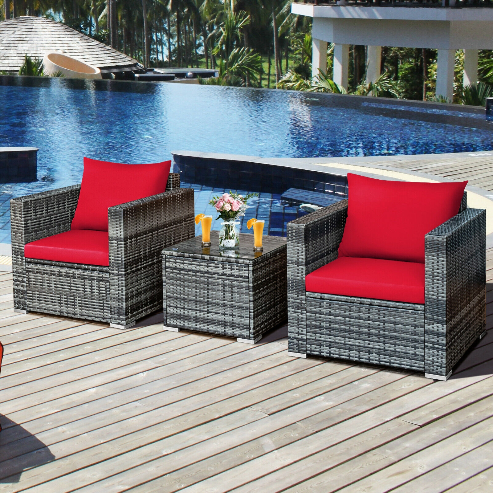 SUGIFT 3-Piece Gray Rattan Outdoor Patio Sofa Set with Cushions and Glass Coffee Table