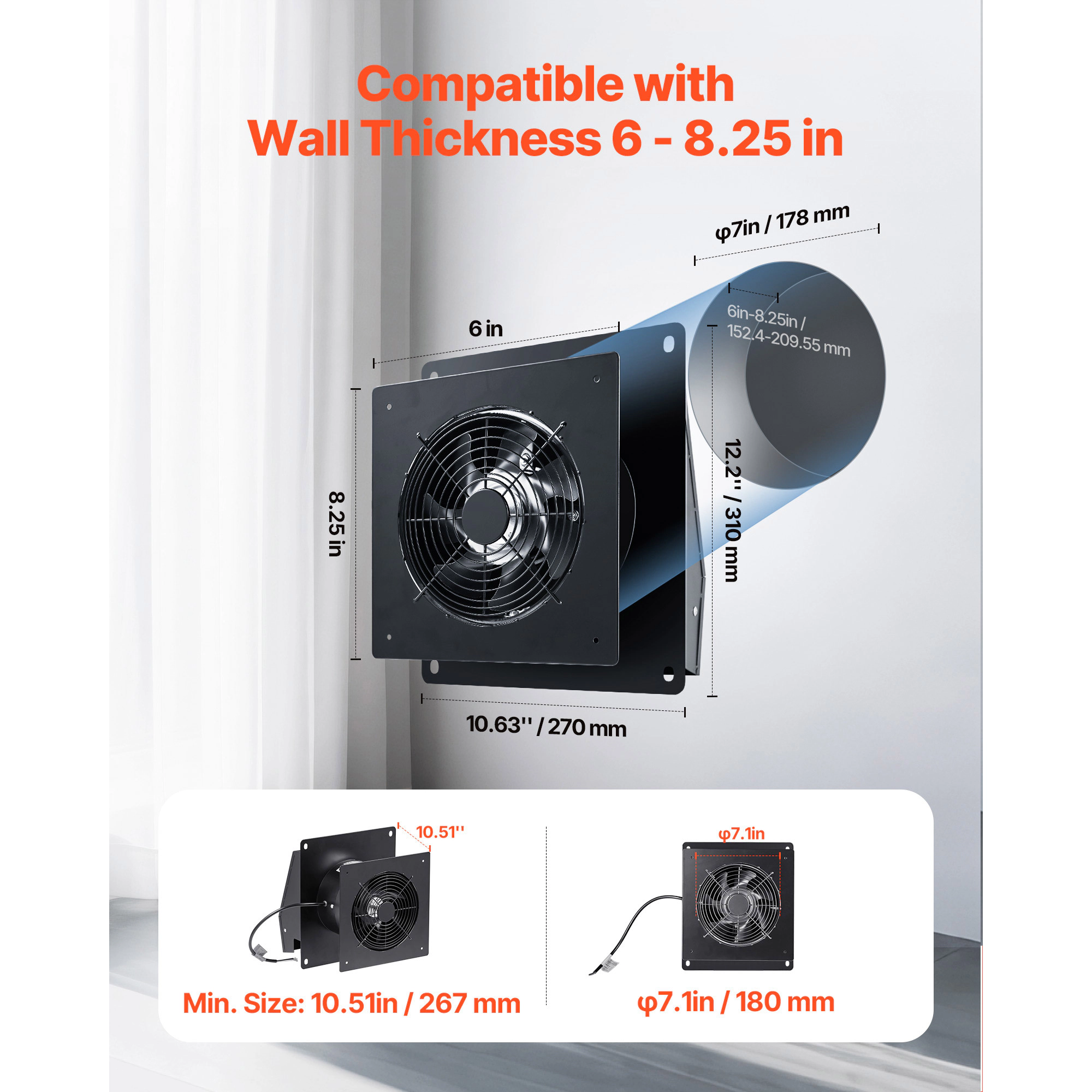 HONGGE 6 inch Through-The-Wall Ventilation Fan Through Wall Exhaust Fan with AC Motor Quiet Vent Easy Installation for