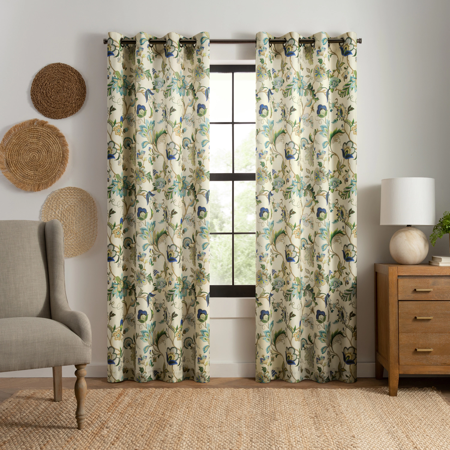 Ellis Curtain 100% Polyester Brissac Colrful Jacobean Pattern Grommet Curtain Panel Lined 50" x 63" Blue