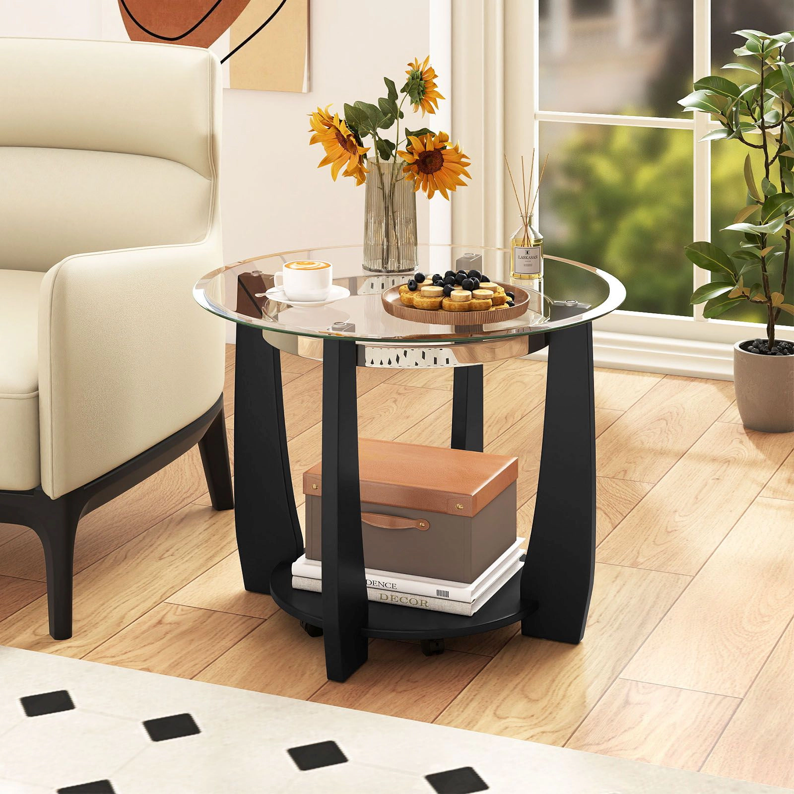 SlickBlue Round Glass Coffee Table with Storage Shelf and Wheels