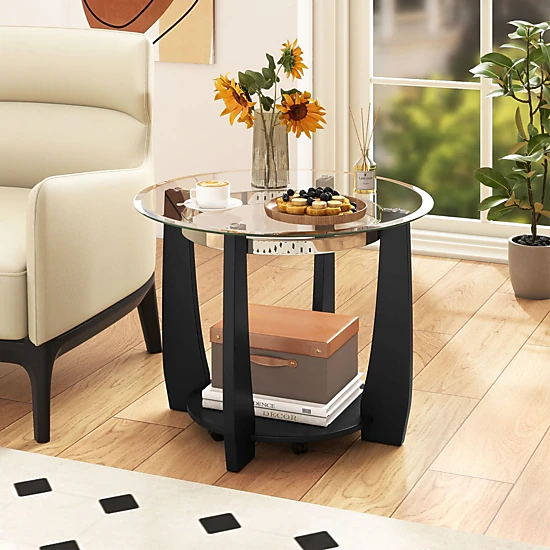 SlickBlue Round Glass Coffee Table with Storage Shelf and Wheels