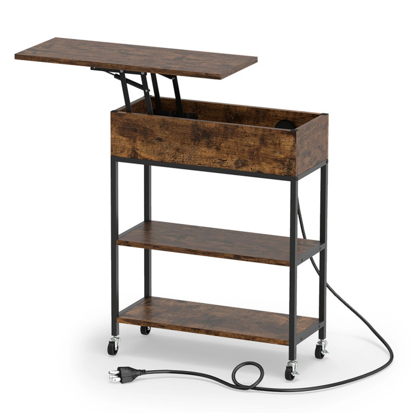 SUGIFT Narrow Lift Top End Table with Charging Station and Wheels 121-lb Capacity Rustic Brown