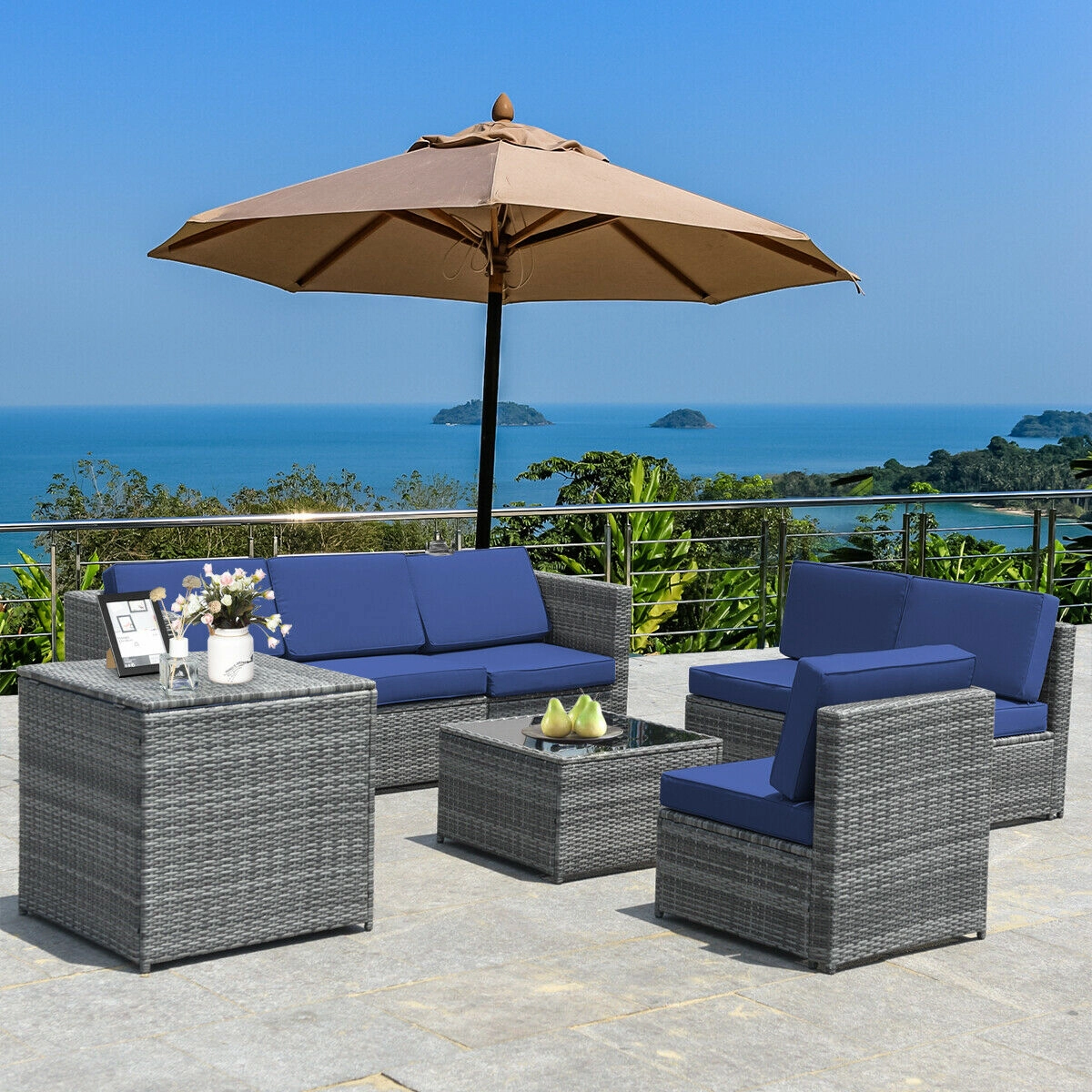 SUGIFT 8-Piece Navy Wicker Patio Sectional Set with Storage Box and Glass Coffee Table