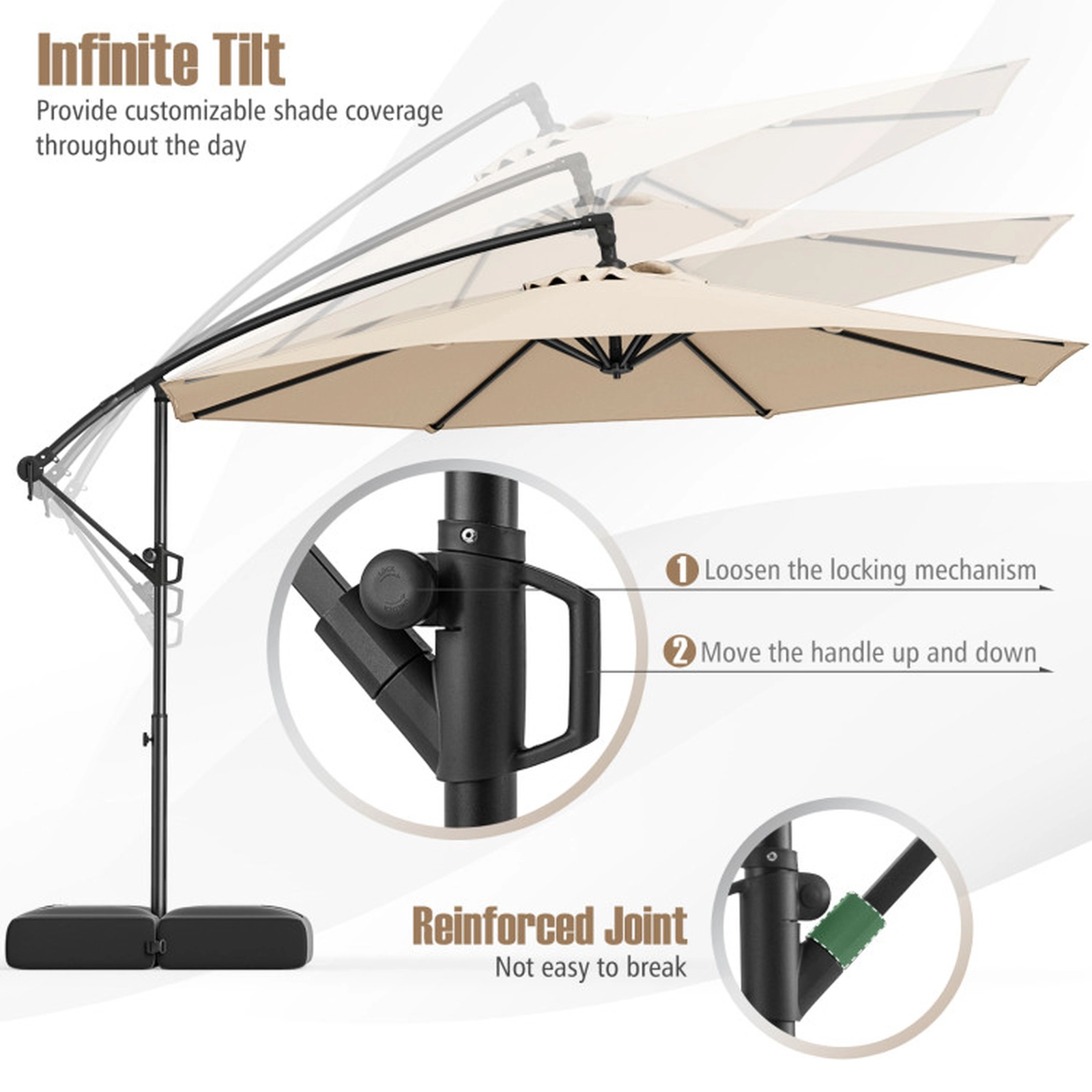 SUGIFT 10-ft Beige Offset Cantilever Patio Umbrella with 220-lb Fillable Base Sealed Hinge and Silent Crank