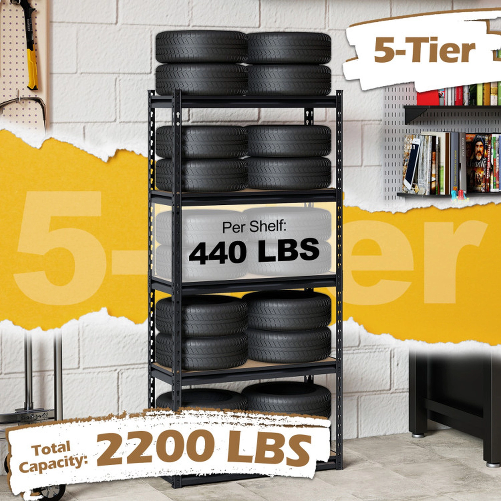 SUGIFT 5-Tier Heavy Duty Garage Shelving Unit 440-lb Per Shelf Capacity 2200-lb Total Capacity Black
