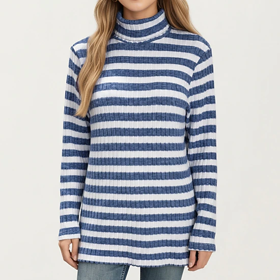 Anna-Kaci Women's Striped Ribbed Turtleneck Tunic Length Relaxed Fit Long Sleeve Pullover Top