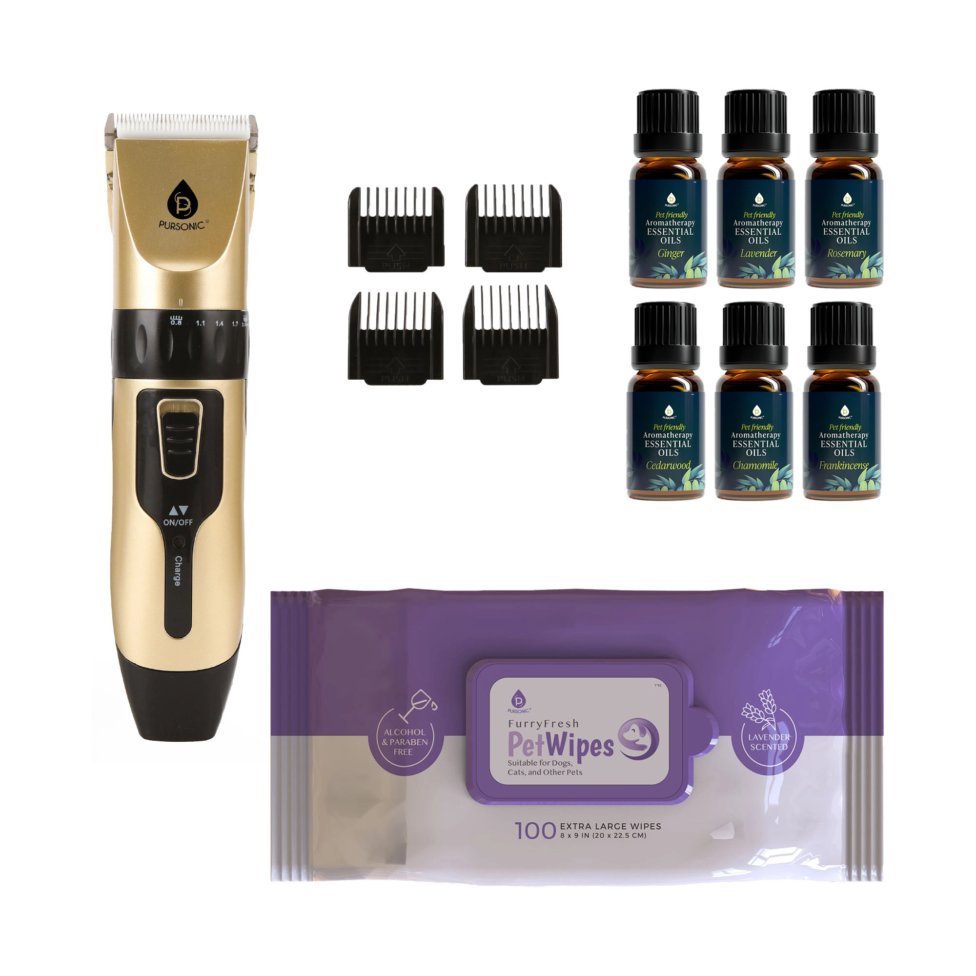 Pursonic Pet Unisex Grooming Care Rechargeable Hair Trimmer, Lavender Wipes & Essential Oils Bundle