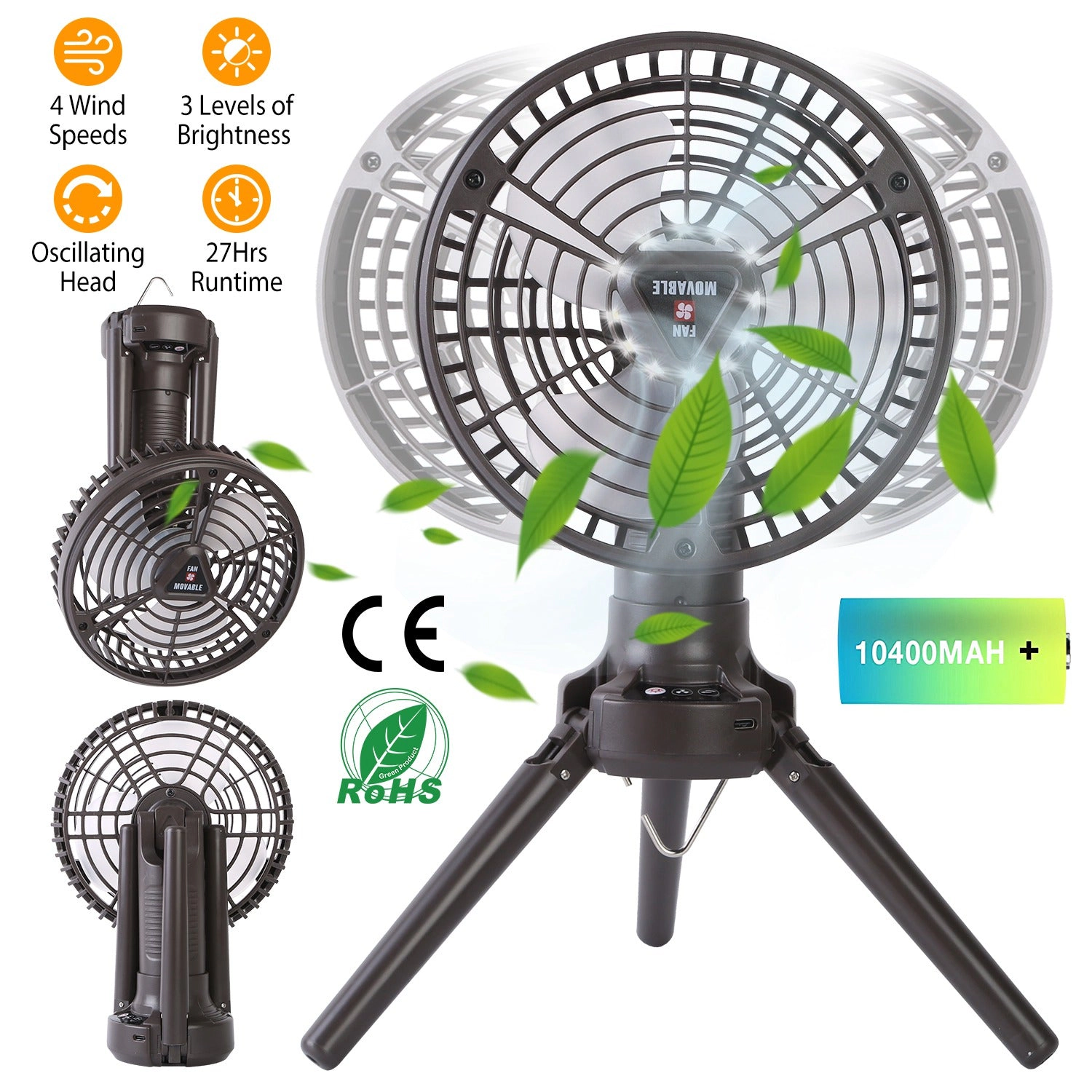GBruno 10400mAh Rechargeable Camping Fan With LED Light