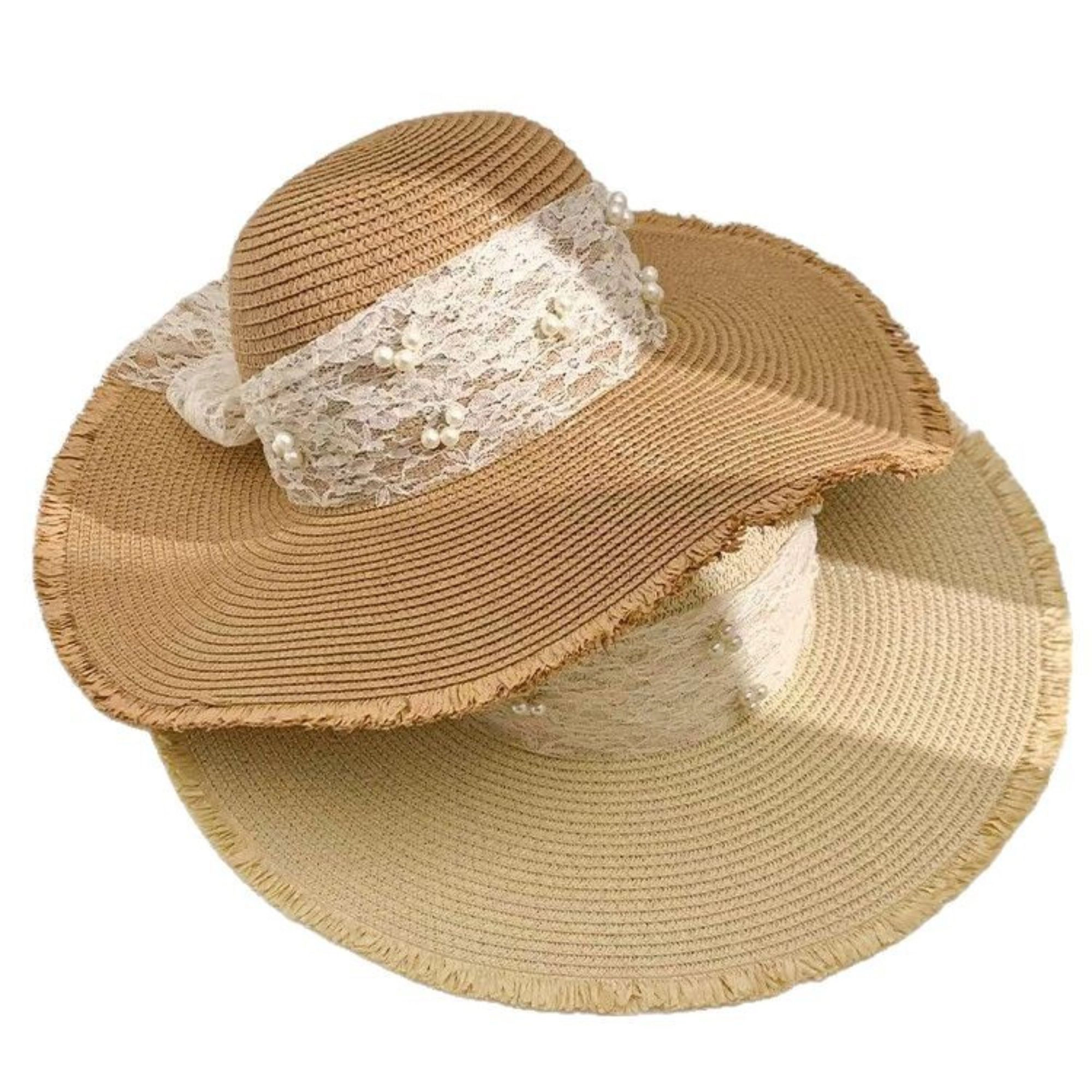 Anna-Kaci Women's Wide Brim Sun Hat with Lace Band and Frayed Edge