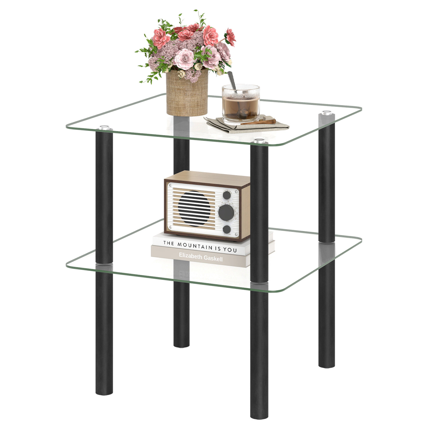 Glintex Square 2-Tier Clear Glass End Table with Solid Rubber Wood Legs