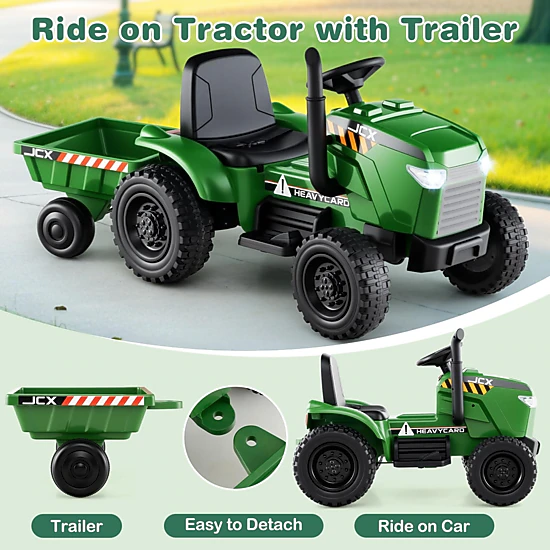 Glintex 12V Kids Ride-On Tractor with EVA Wheels and Detachable Trailer, Green