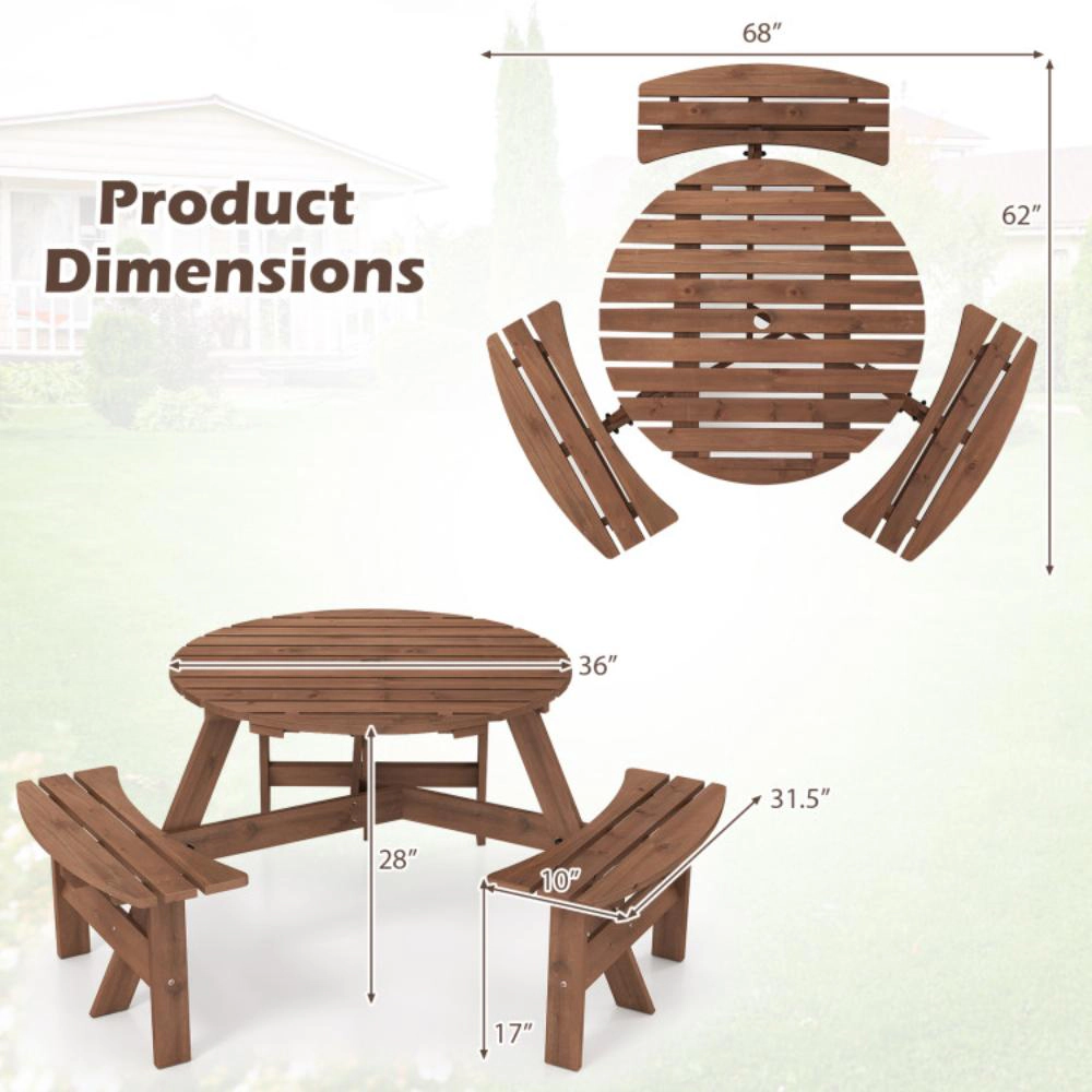 Hivvago 6-Person Round Picnic Table Set With 3 Built-In Benches And Umbrella Hole