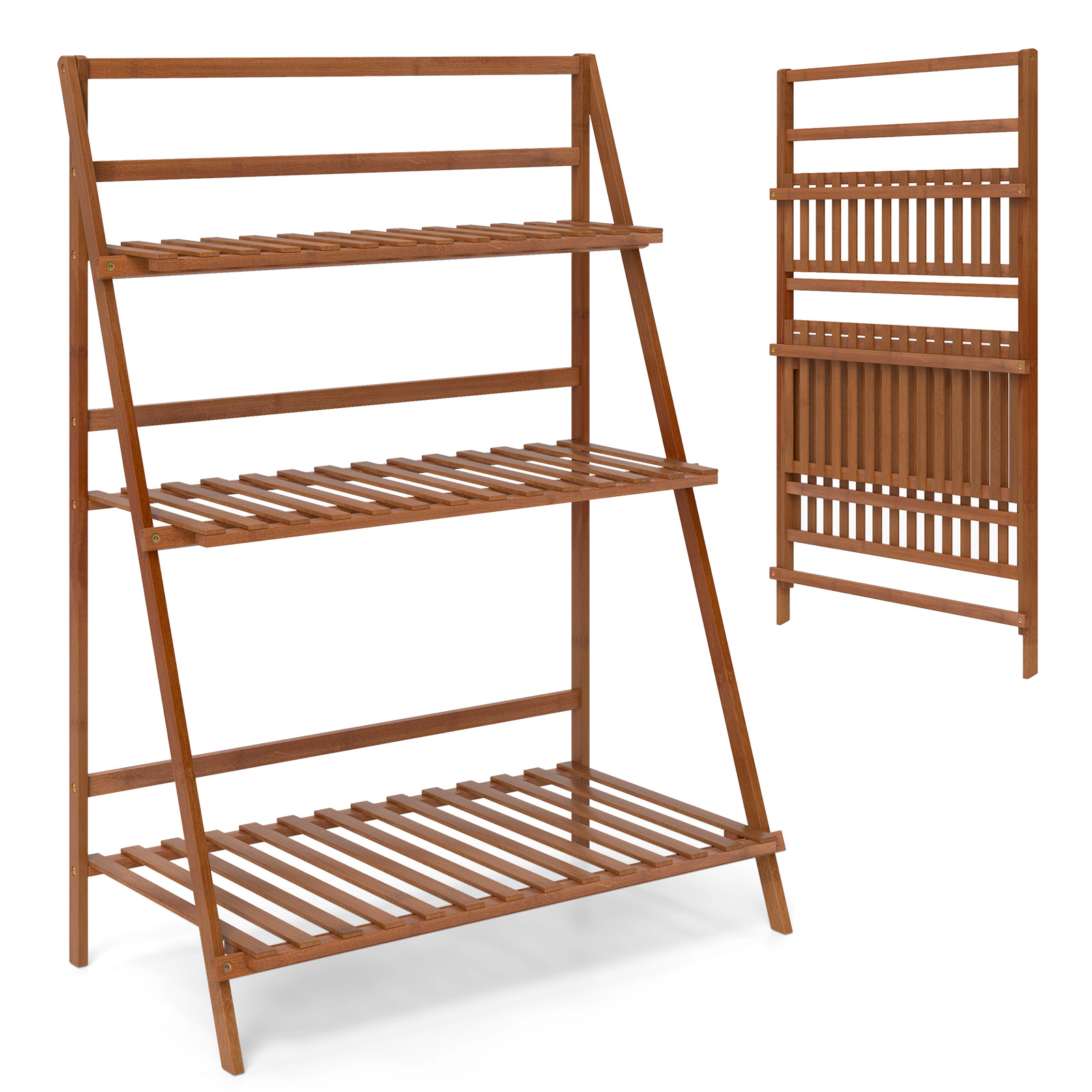 SUGIFT Brown 3-Tier 28-in Foldable Bamboo Ladder Shelf Plant Stand Flower Rack and Bookshelf for Indoor
