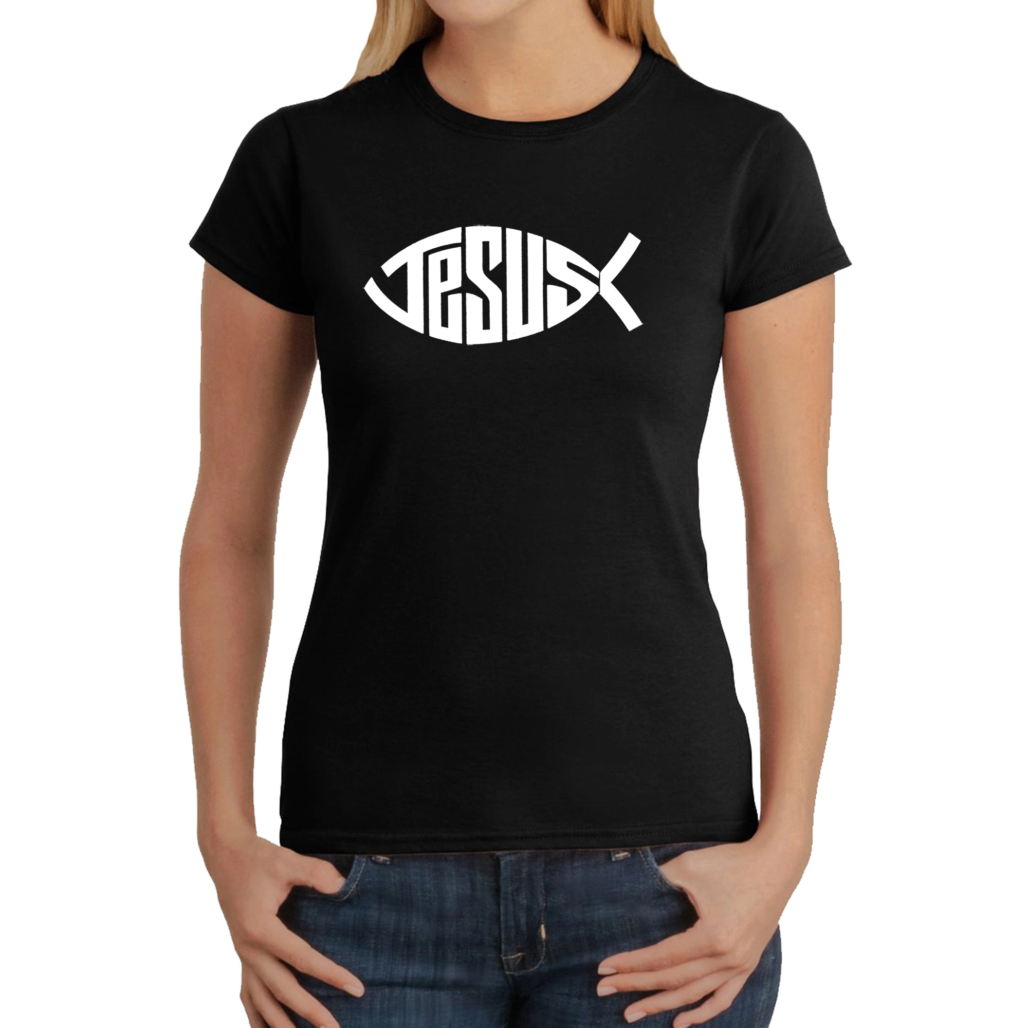 LA Pop Art Women's Word T-Shirt - Christian Jesus Name Fish Symbol
