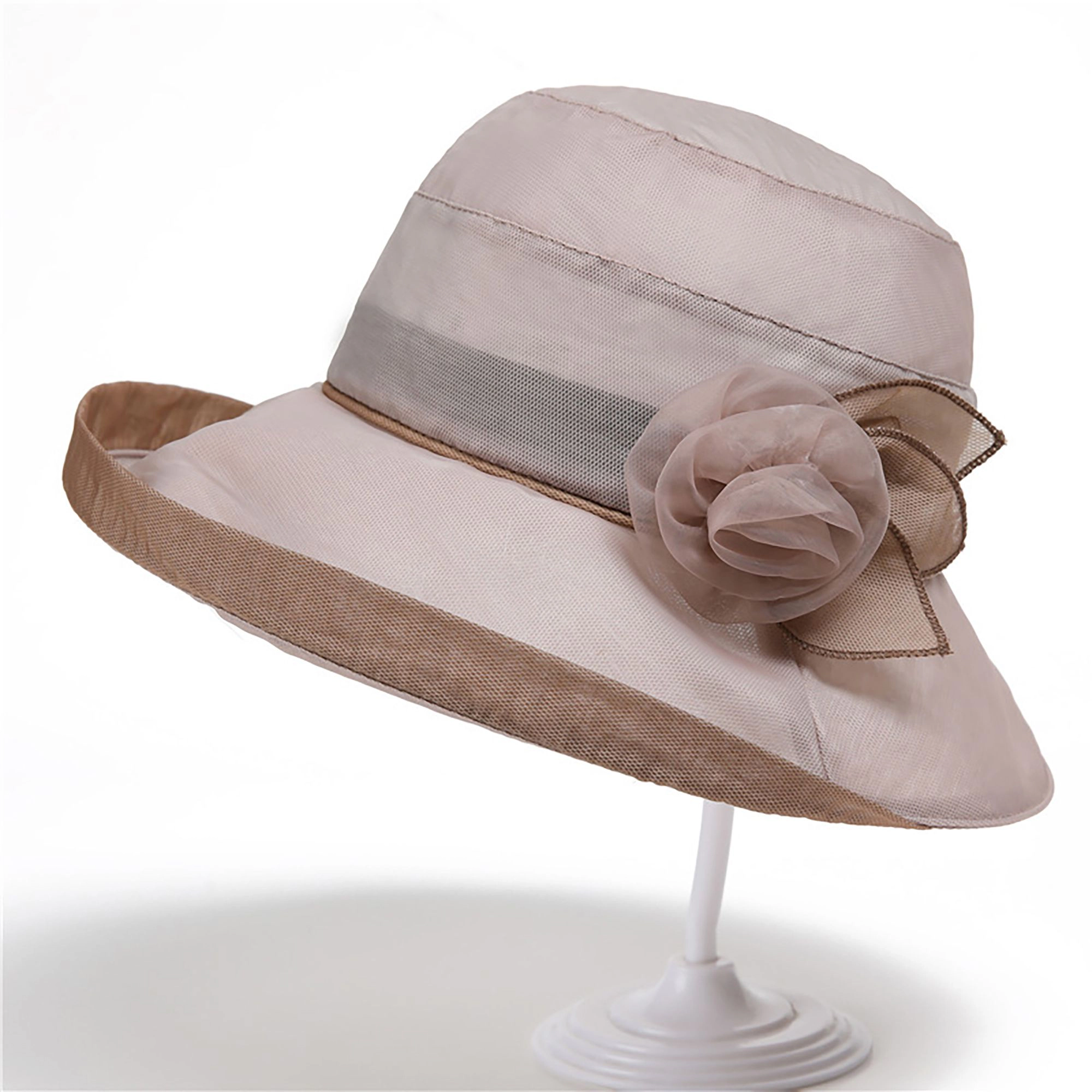 Anna-Kaci Womens Wide Brim Mesh Sun Hat Elegant Flower Accent Summer Garden Party