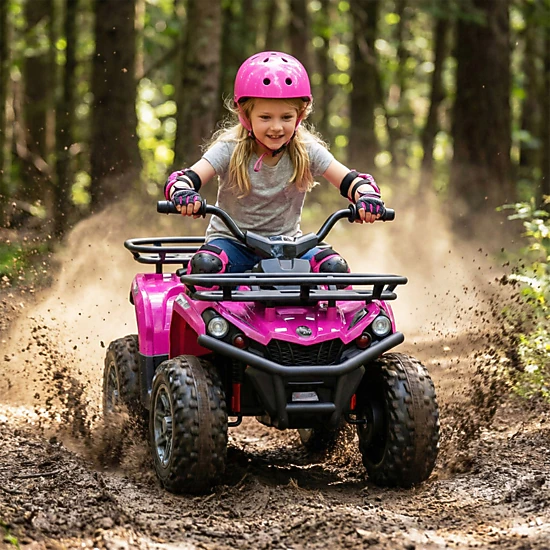 SUGIFT 24V Electric Ride On Quad ATV LED Headlights 66-lb Capacity Ages 3+ 4-Wheel Kids Vehicle Black+Pink with Storage